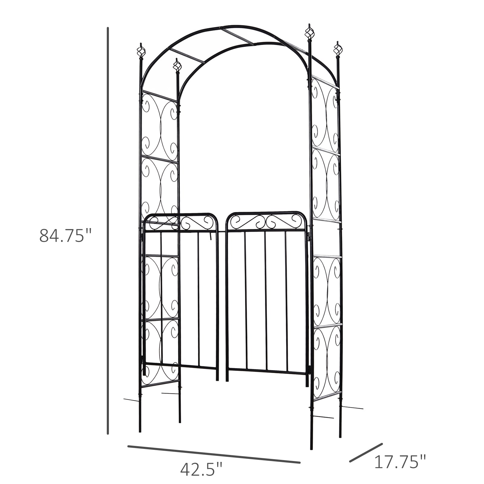 84" Garden Arch Arbor with Gate, Metal Arch Trellis, Garden Archway for Climbing Vines, Wedding Ceremony Decoration, Flourishes & Arrow Tips, Black - Matte Black - Image 3