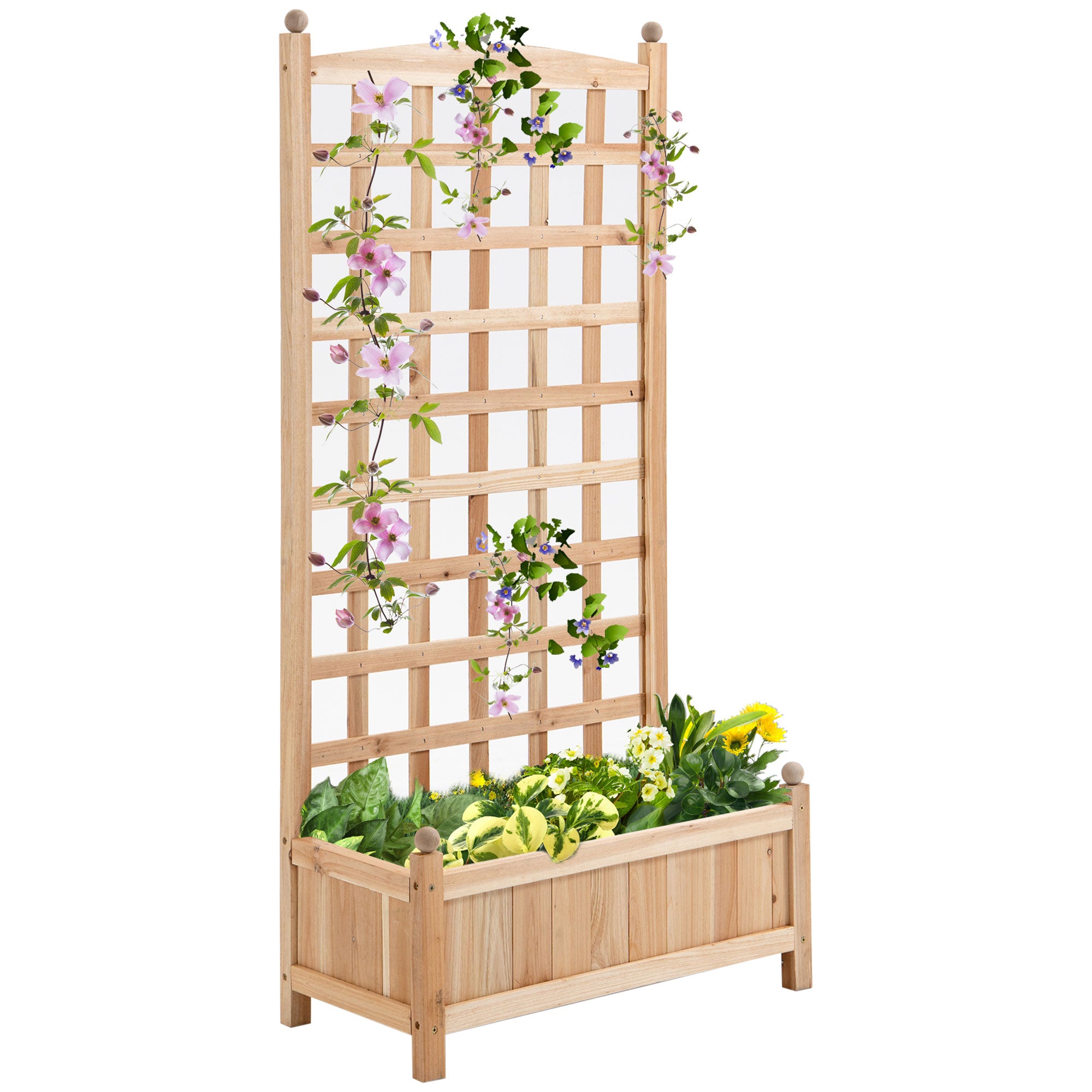 Wooden Raised Garden Bed with Trellis, Outdoor Planter Box with Drainage Crevices for Climbing Vine Plants Flowers, 24" x 12" x 49" - Natural