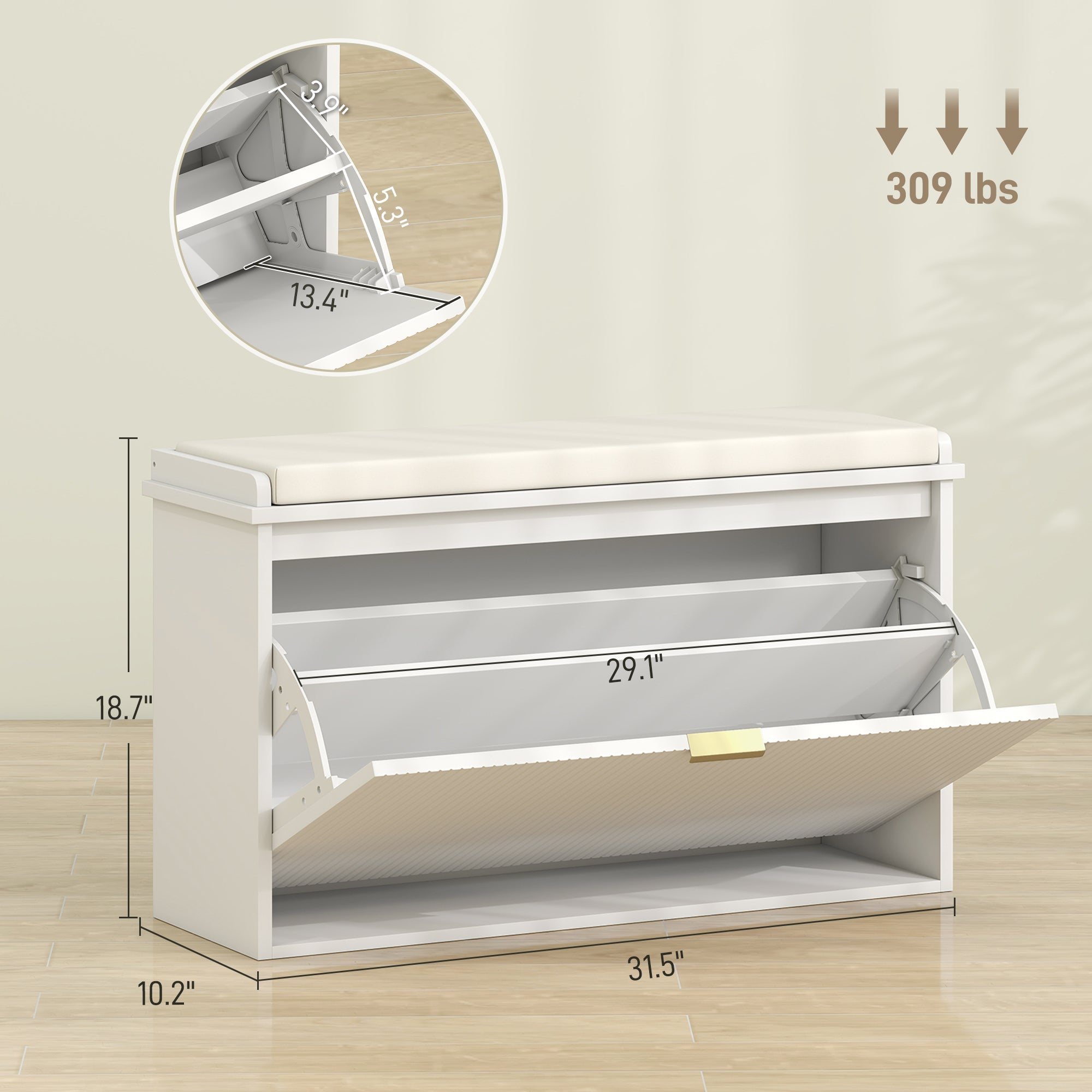 Shoe Storage Bench with Padded Seat Cushion and Flip-Drawer, Entryway Bench, Shoe Cabinet, 31.5x10.2x18.7 Inches, White