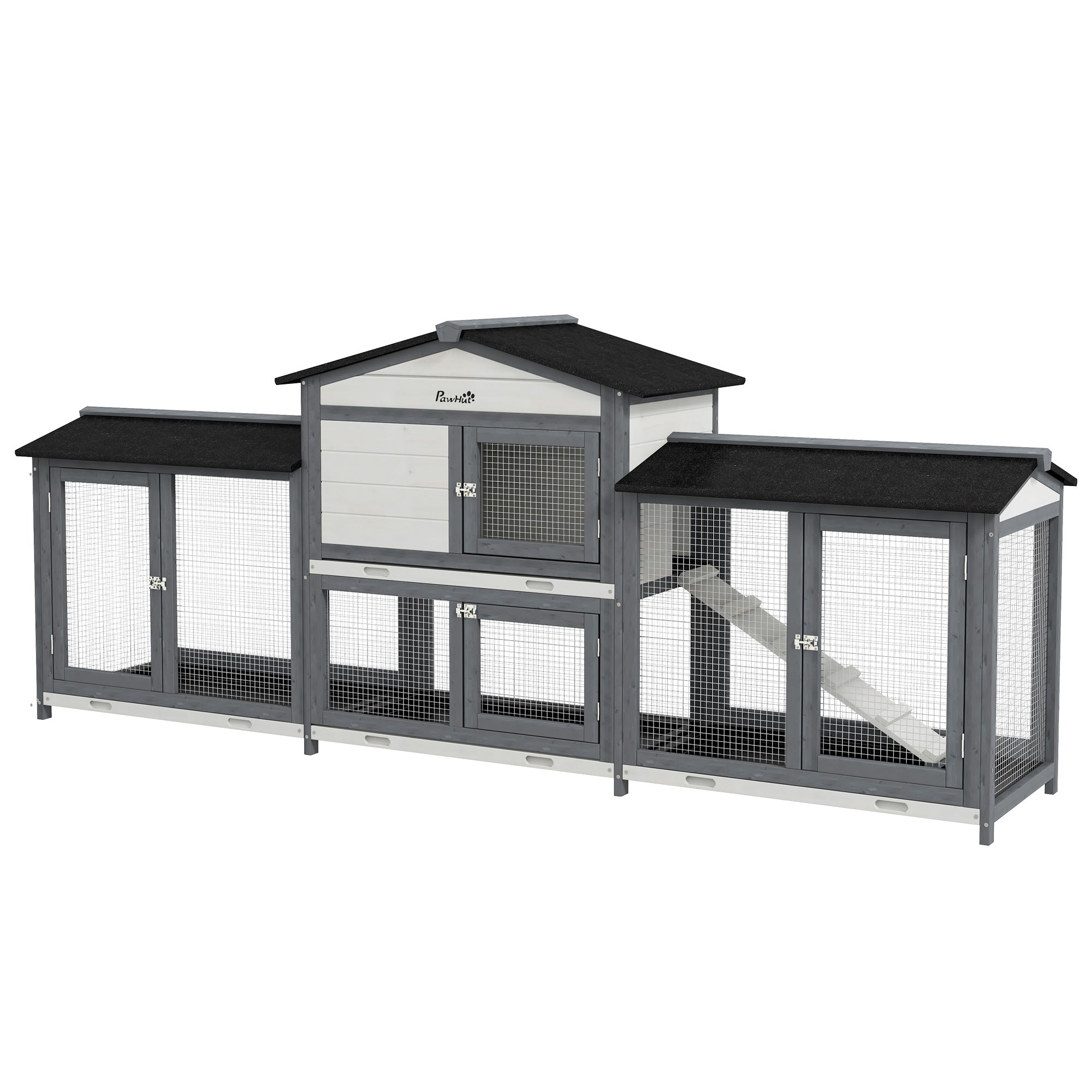 90.5" Wooden Rabbit Hutch Bunny Cage Pet Playpen House Enclosure with Double Side Run Boxes, No Leak Tray, Ramp, for Rabbits, Chickens, Ducks, Guinea Pig and Small Animals, Light Gray - Light Gray