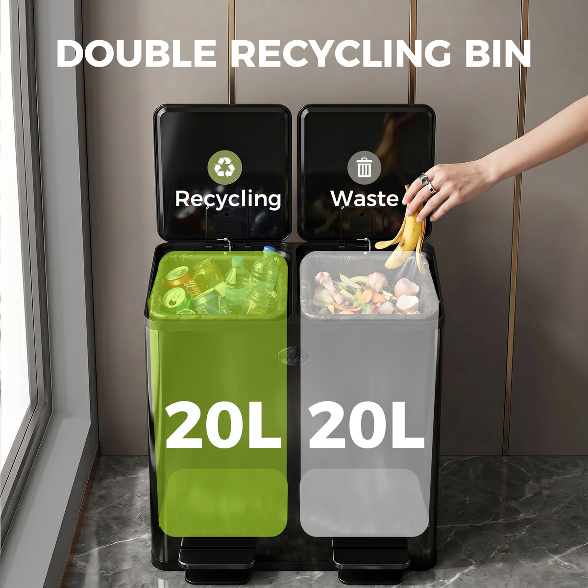 Trash Can, 2 x 5 Gallon Stainless Steel Garbage Can with Soft Close, Stay-Open Lid, Pedals, Inner Buckets, Black