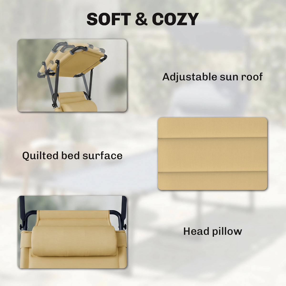 Outdoor Lounge Chair, 4 Position Adjustable Backrest, Folding, Cushioned w/ Sun Shade Roof & Pillow, Cream White