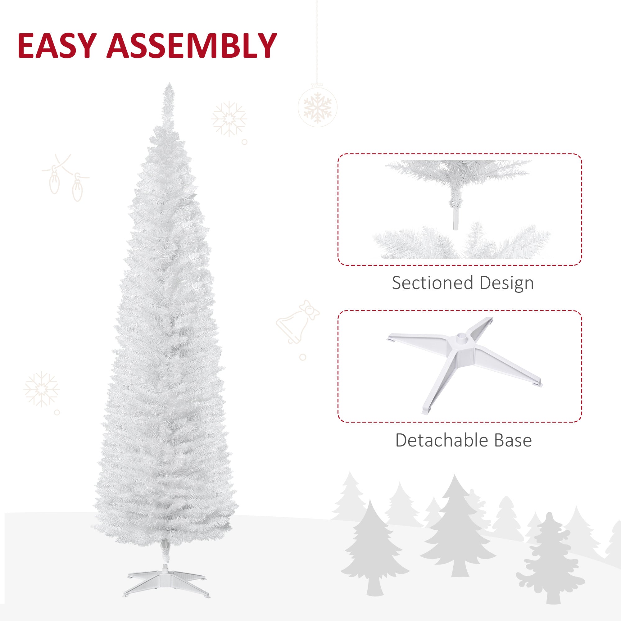 7ft Unlit Pencil Artificial Christmas Tree with Realistic Branches and 499 Tips, Plastic Base, White