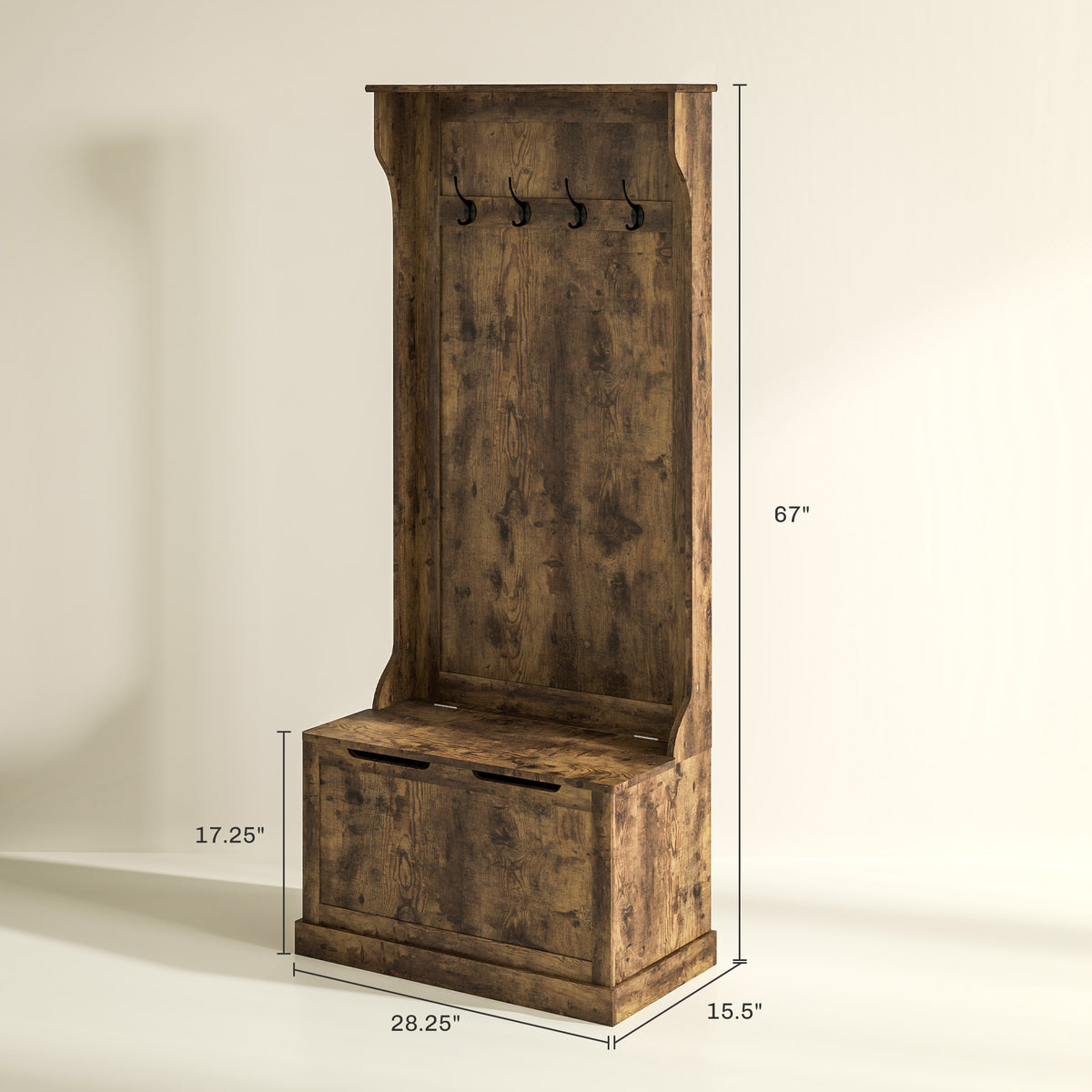 Hall Tree with Coat Rack, Storage, and Sitting Bench, Rustic Brown