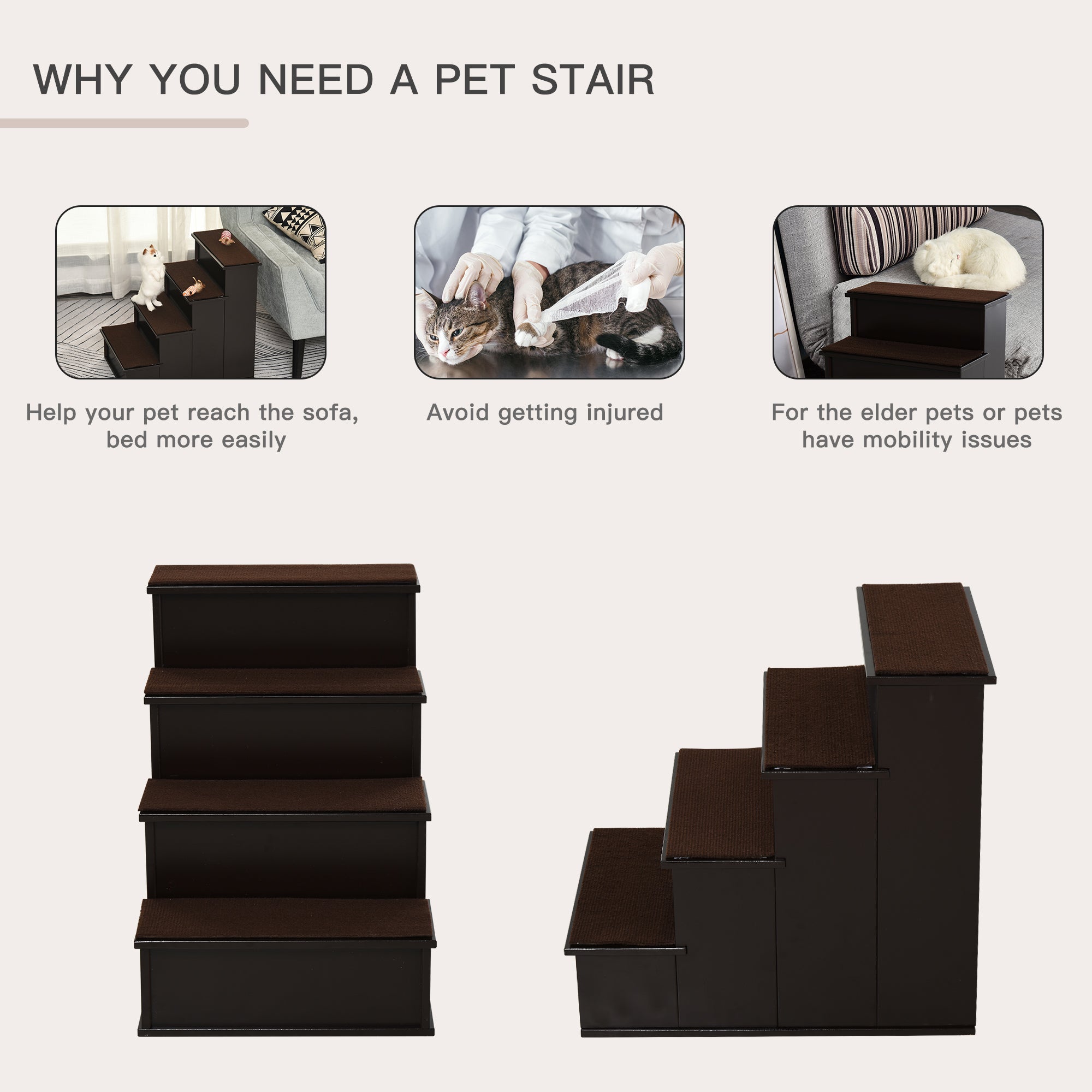 Pet Stairs, Small Pet Steps with Cushioned Removable Covering for Dogs and Cats Up To 22 lbs, Brown - Coffee - Image 5