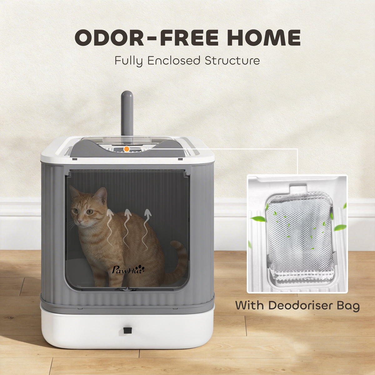 Cat Litter Box with Lid, Enclosed Litter Box for Medium Cats, Front-Entry and Top-Exit, Scoop, Deodorizer Bag, White