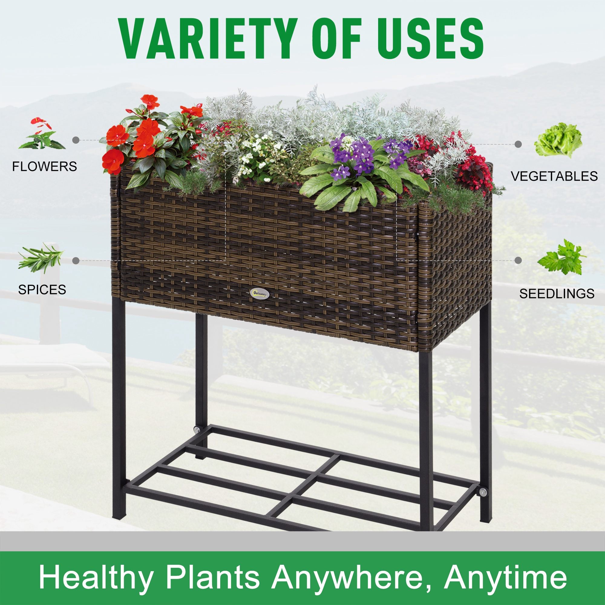Raised Garden Bed, Elevated Planter Box with Rattan Wicker Look, Tool Storage Shelf, Portable Design for Herbs, Vegetables, Flowers, Brown - Brown - Image 4