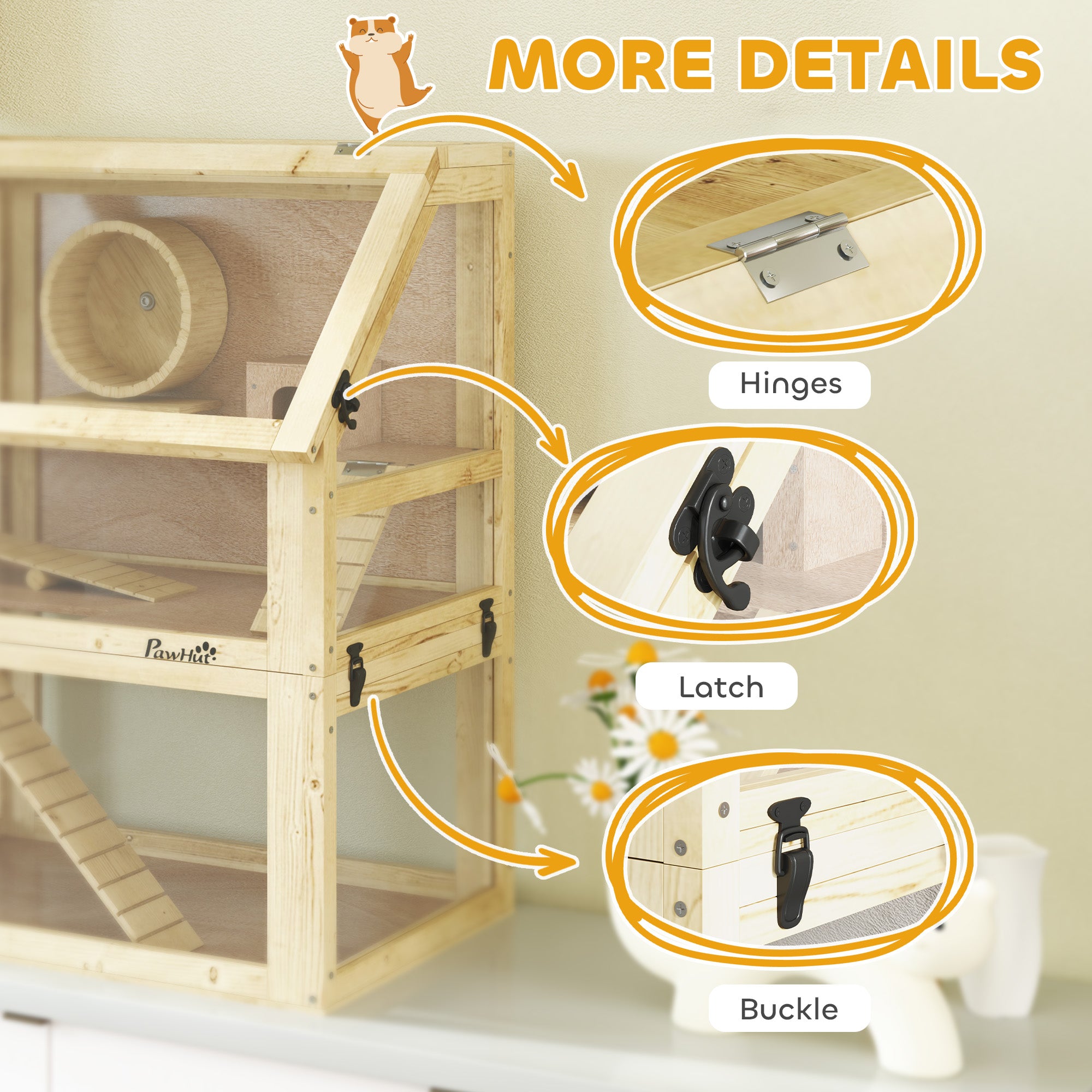 3 Tier Wooden Hamster Cage w/ Detachable Bottom, Hut, Seesaw, Exercise Wheel, Ramps, 24" x 16" x 29.5" - Natural Wood - Image 8