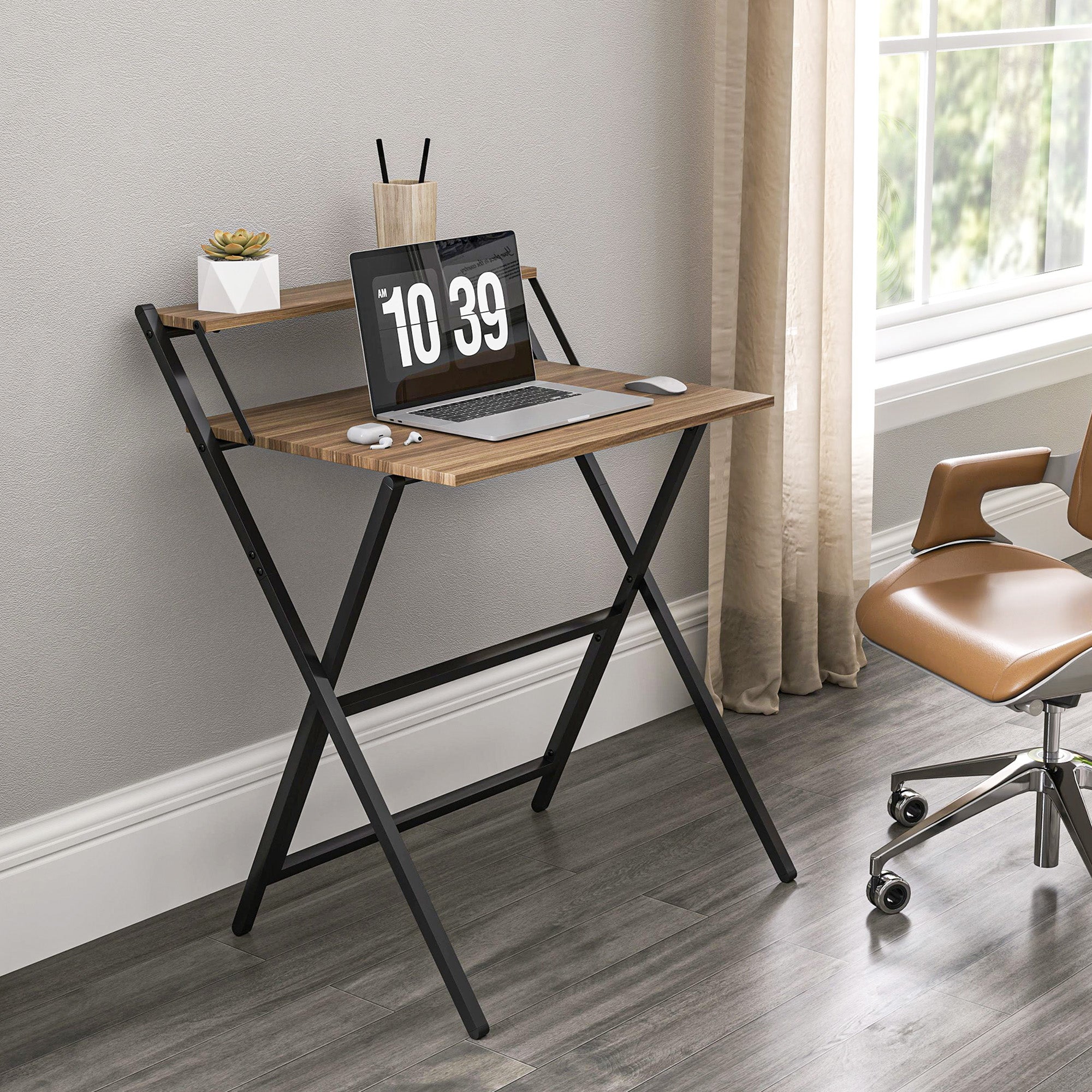Folding Computer Desk, 27.6" Foldable Desk with Monitor Shelf for Small Space, Home Office, Study, Easy Assembly, Walnut