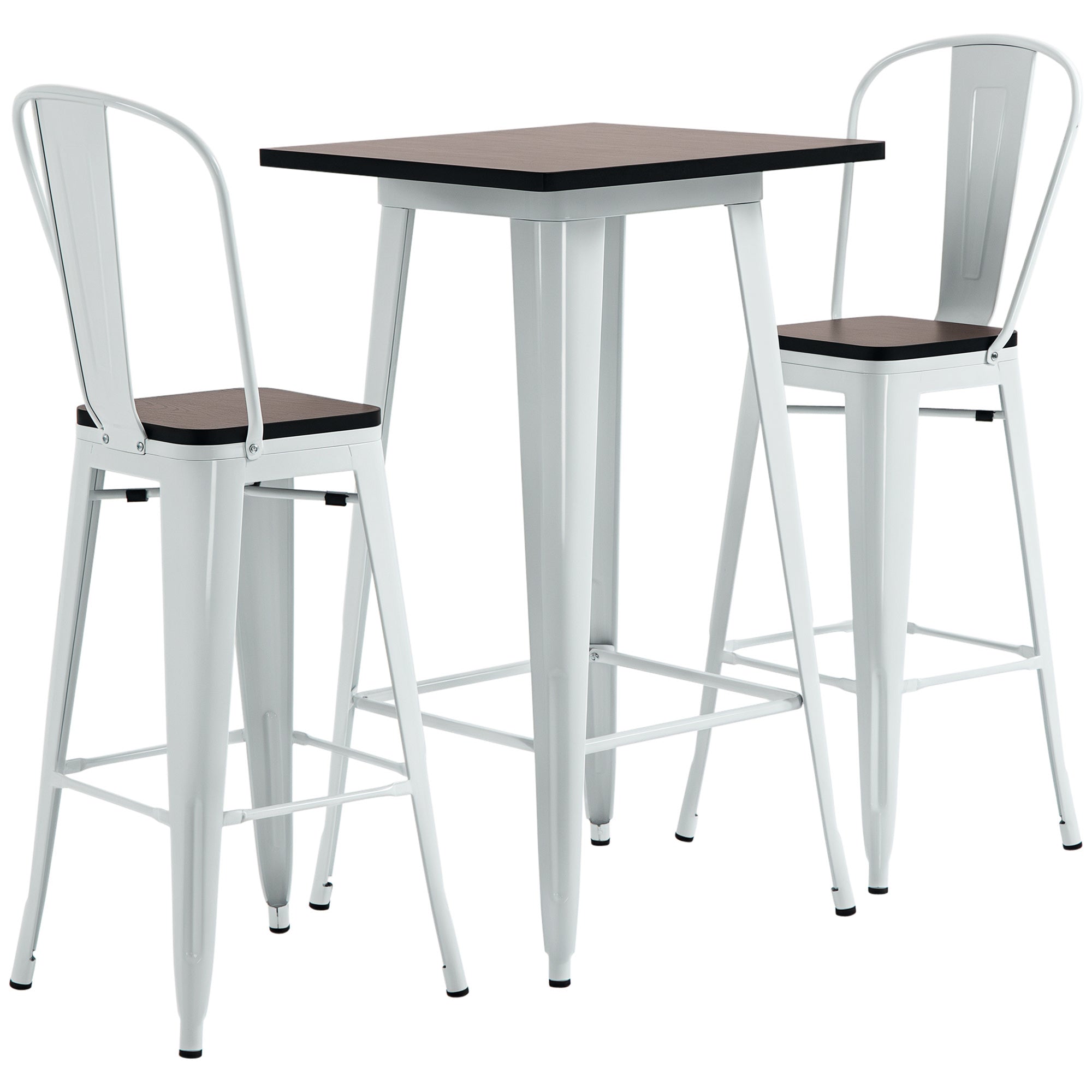 3 Piece Industrial Dining Table Set, Bar Height Bar Table and Chairs Set with Footrests for Bistro, White and Brown