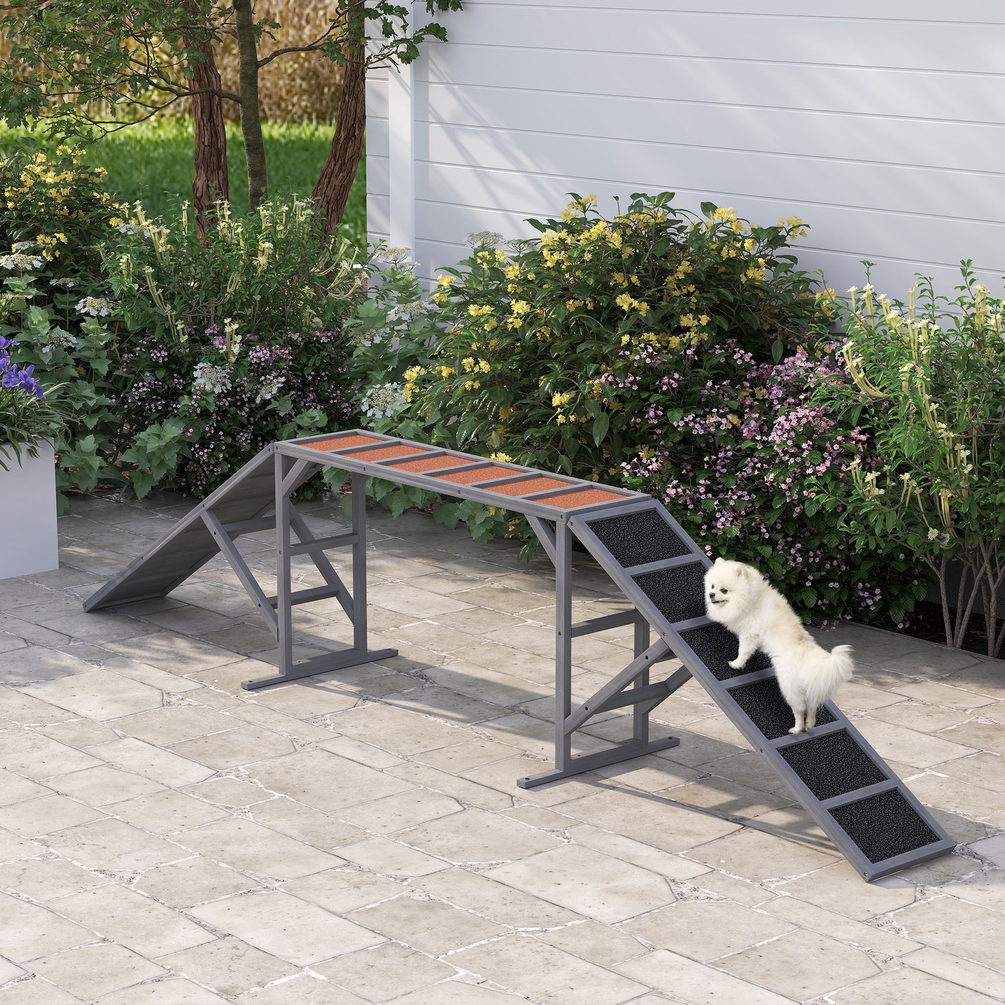 Dog Agility Equipment Ramp with Safety Bar, Non-slip Surface, for Walk and Pause Training, Gray - Gray - Image 2