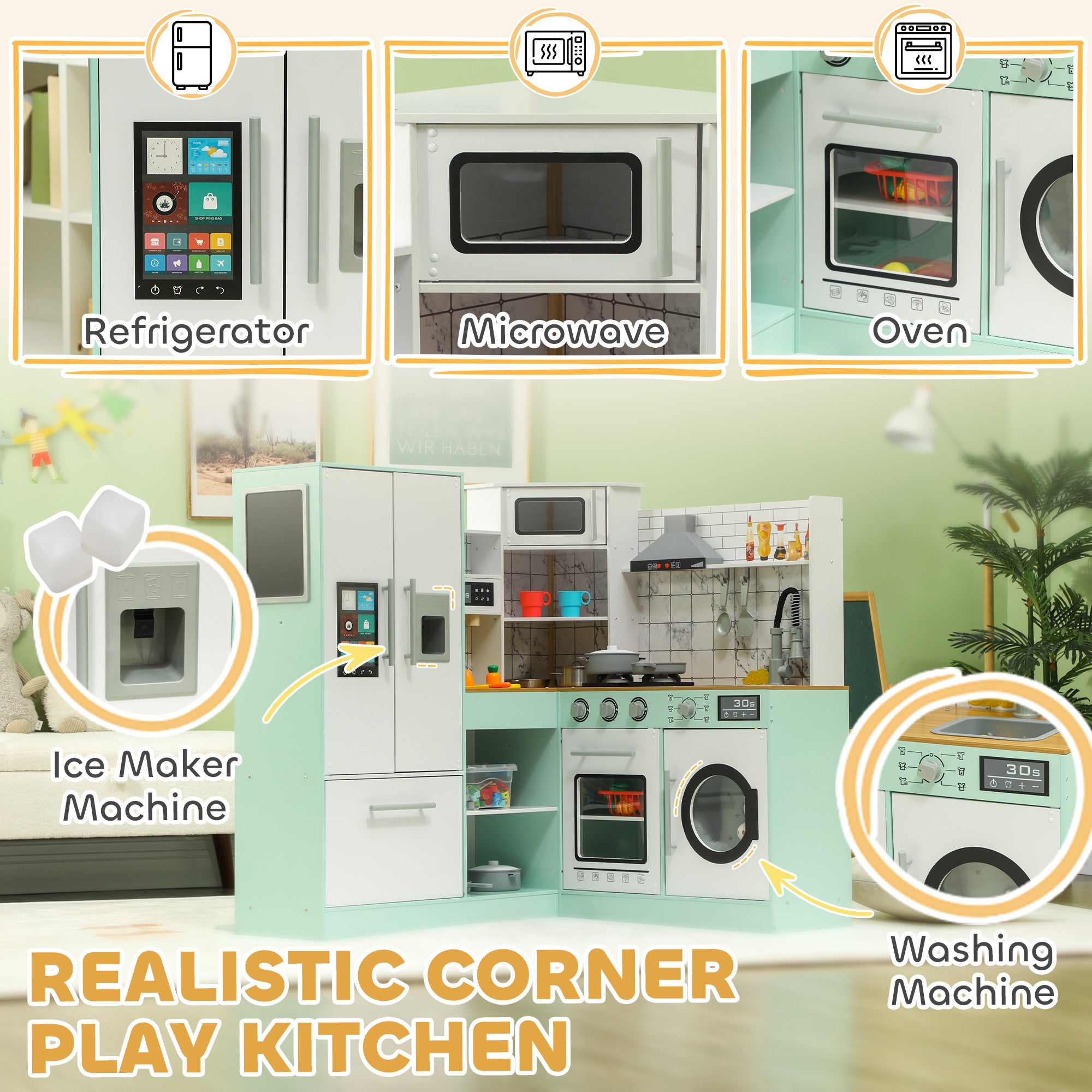 Play Kitchen, Corner Kids Kitchen Playset w/ Chalkboard, Range Hood, Ice Maker, Stove, Microwave, Sound & Lights