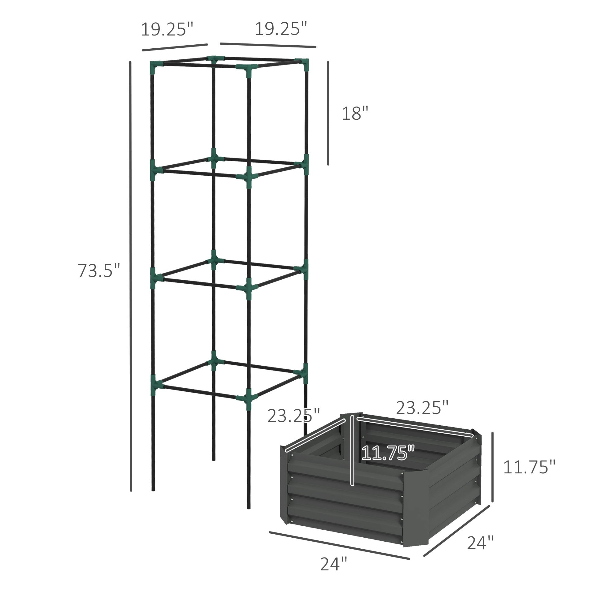 Galvanized Planter Box, 24" x 24" x 73.5" Raised Garden Bed with Tomato Cage for Climbing Vines, Dark Gray - Dark Gray - Image 3