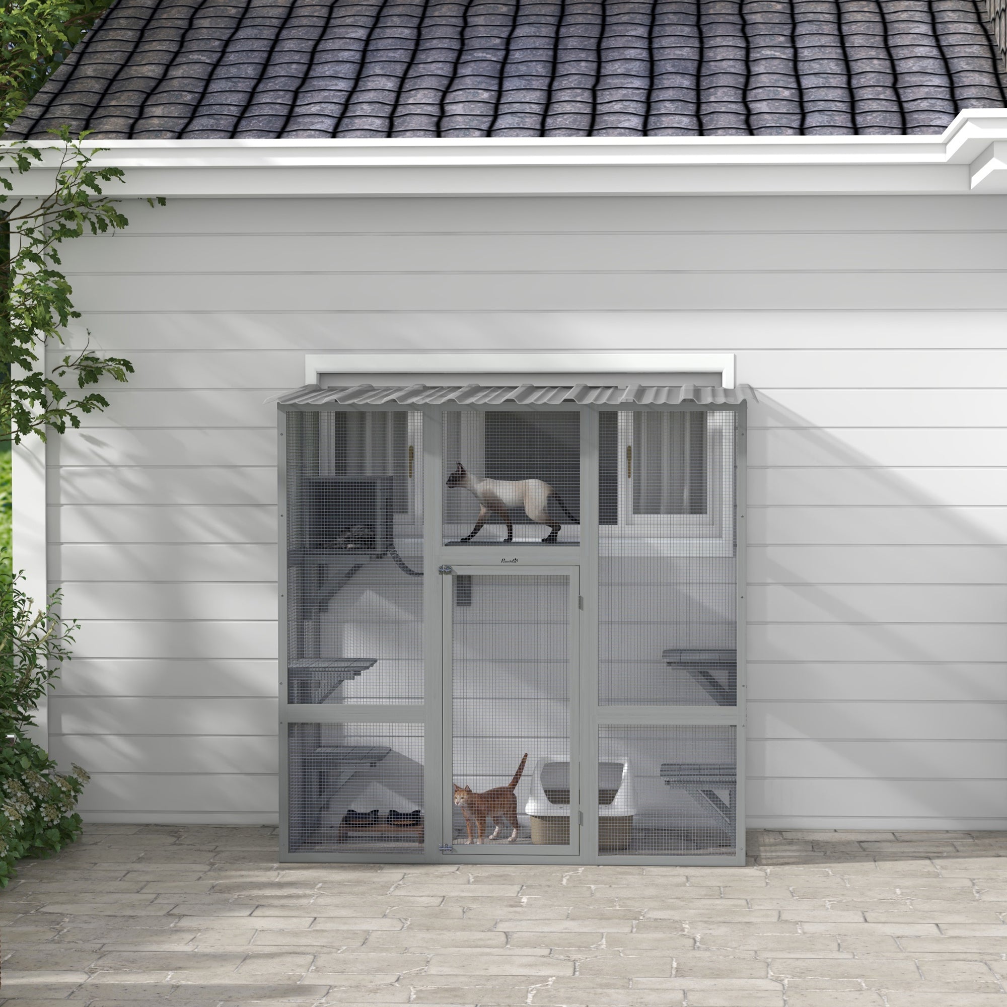 Catio Outdoor Cat Enclosure, Window Box Wooden Cat House with Bridge Platforms, Gray - Gray - Image 8