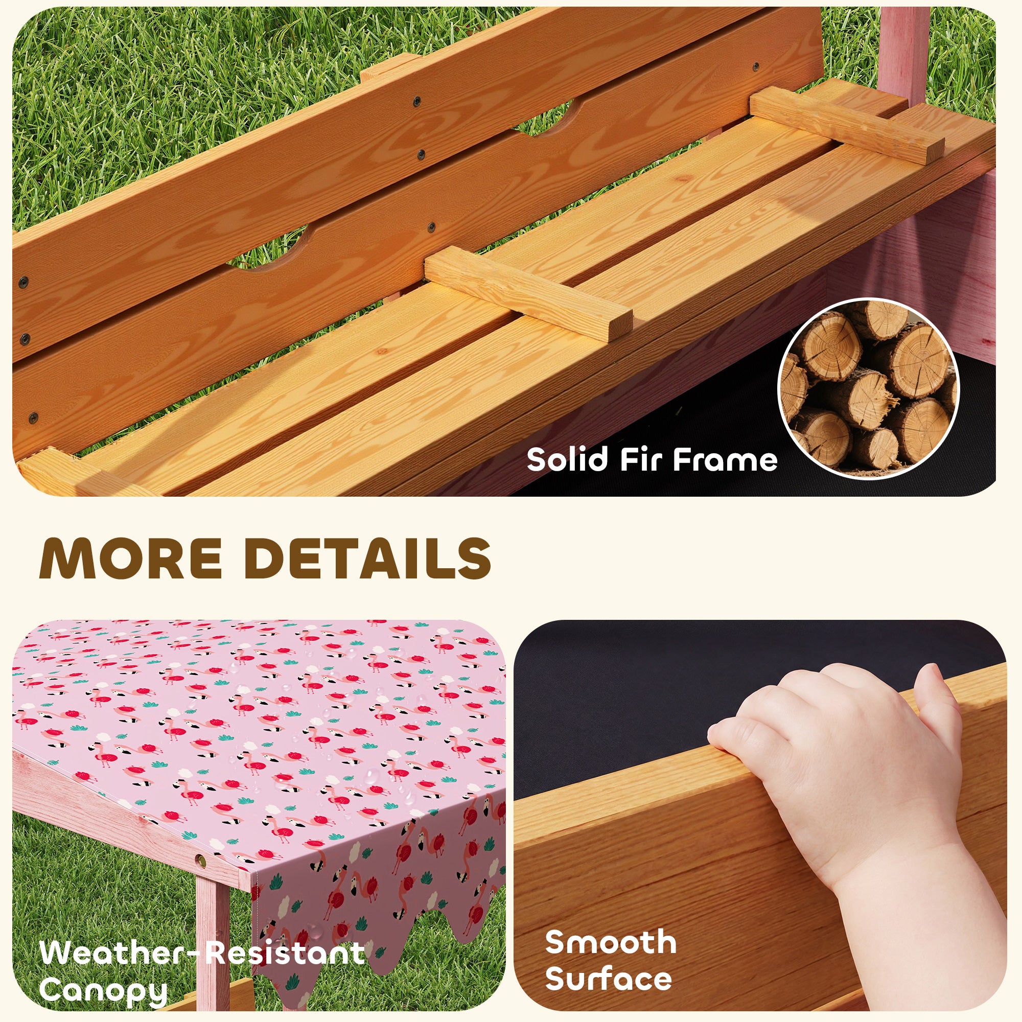 Wooden Sandbox with Cover, Kids Sandbox Outdoor with Seat, Bottom Liner, Canopy for Ages 3-6, Flamingos Print, Pink