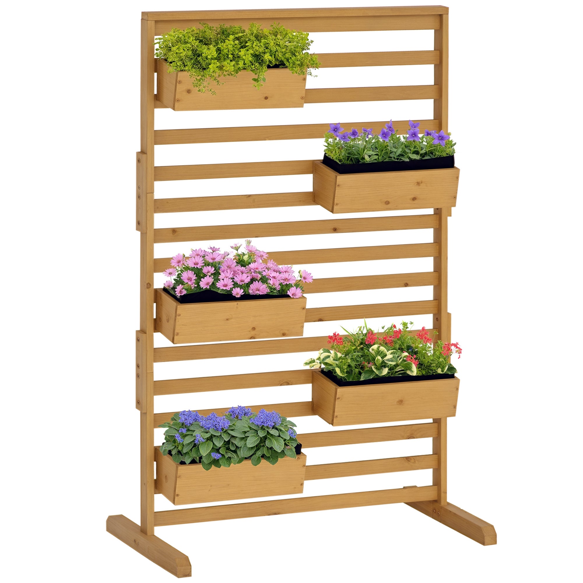 Wooden Plant Trellis Stand with 5 Hanging Planter Boxes, Freestanding Outdoor Plant Stand for Patio, Garden, Balcony, Porch - Natural Wood