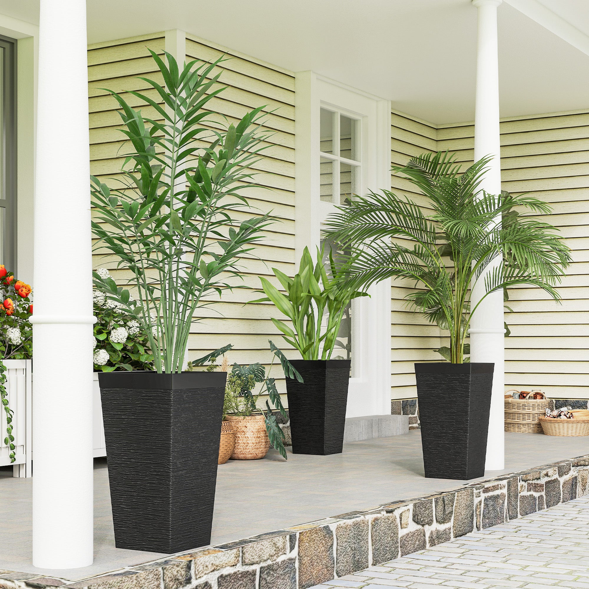 22.8 Inch Set of 3 Outdoor Planters with Stone Finish and Wheels, Stackable Tapered Planters with Drainage Hole, Black - Black - Image 2