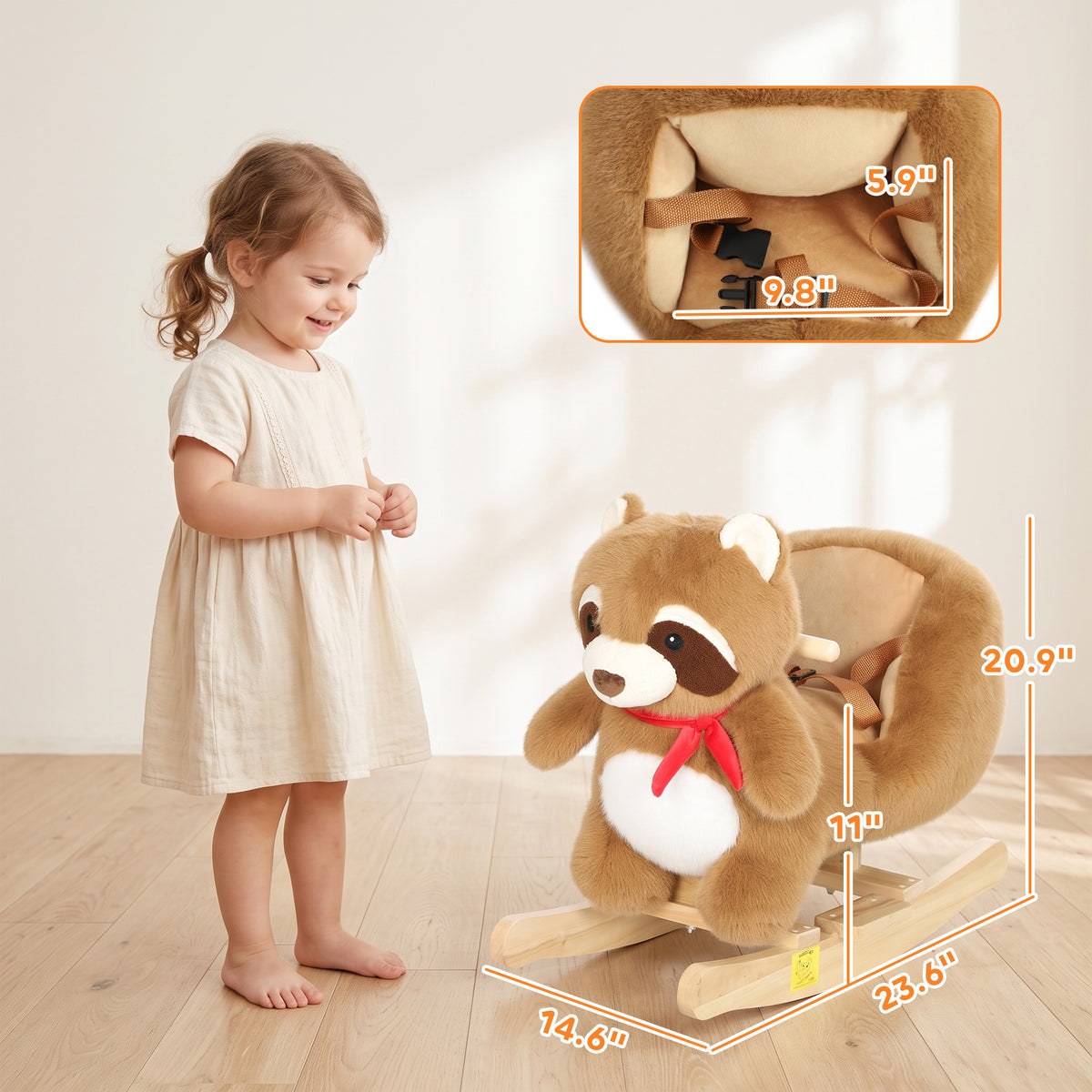 Raccoon Baby Rocking Horse, Kids Plush Ride-On Toy with Realistic Sounds and Safety Belt, Brown