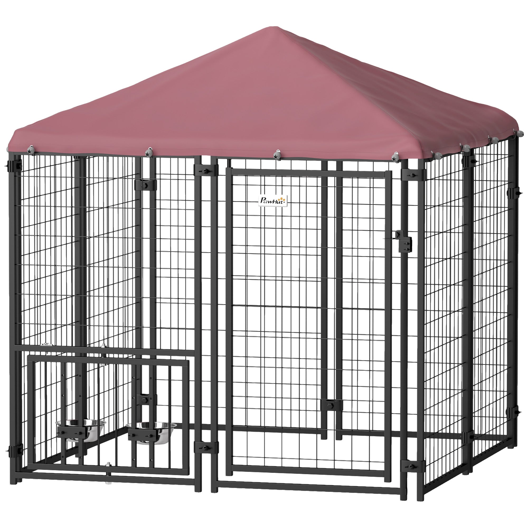 Welded Wire Outdoor Dog Kennel with 360° Rotating & 4 Levels Adjustable Bowls, Waterproof Cover, 4.6' x 4.6' x 5' - Red