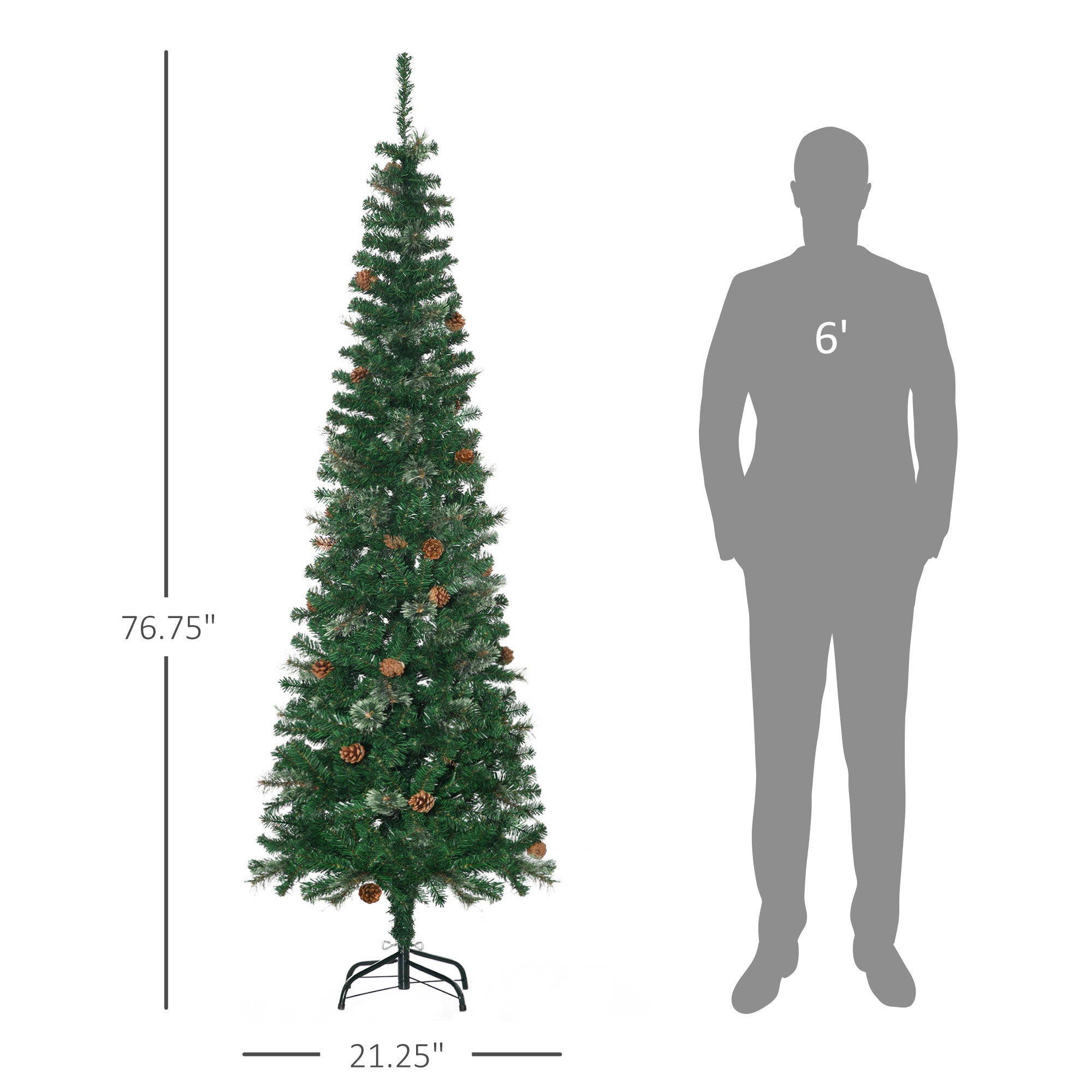 6.5 Foot Pencil Artificial Christmas Tree, Slim Pine Needles Xmas Tree with Realistic Branches, Pine Cones, Metal Base, Green