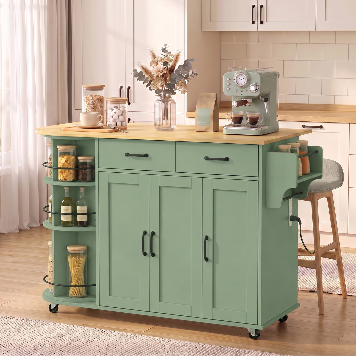53" Kitchen Island with Power Outlet and Drop Leaf, Kitchen Cart on Wheels with 360° Rotating Rack, Sage Green