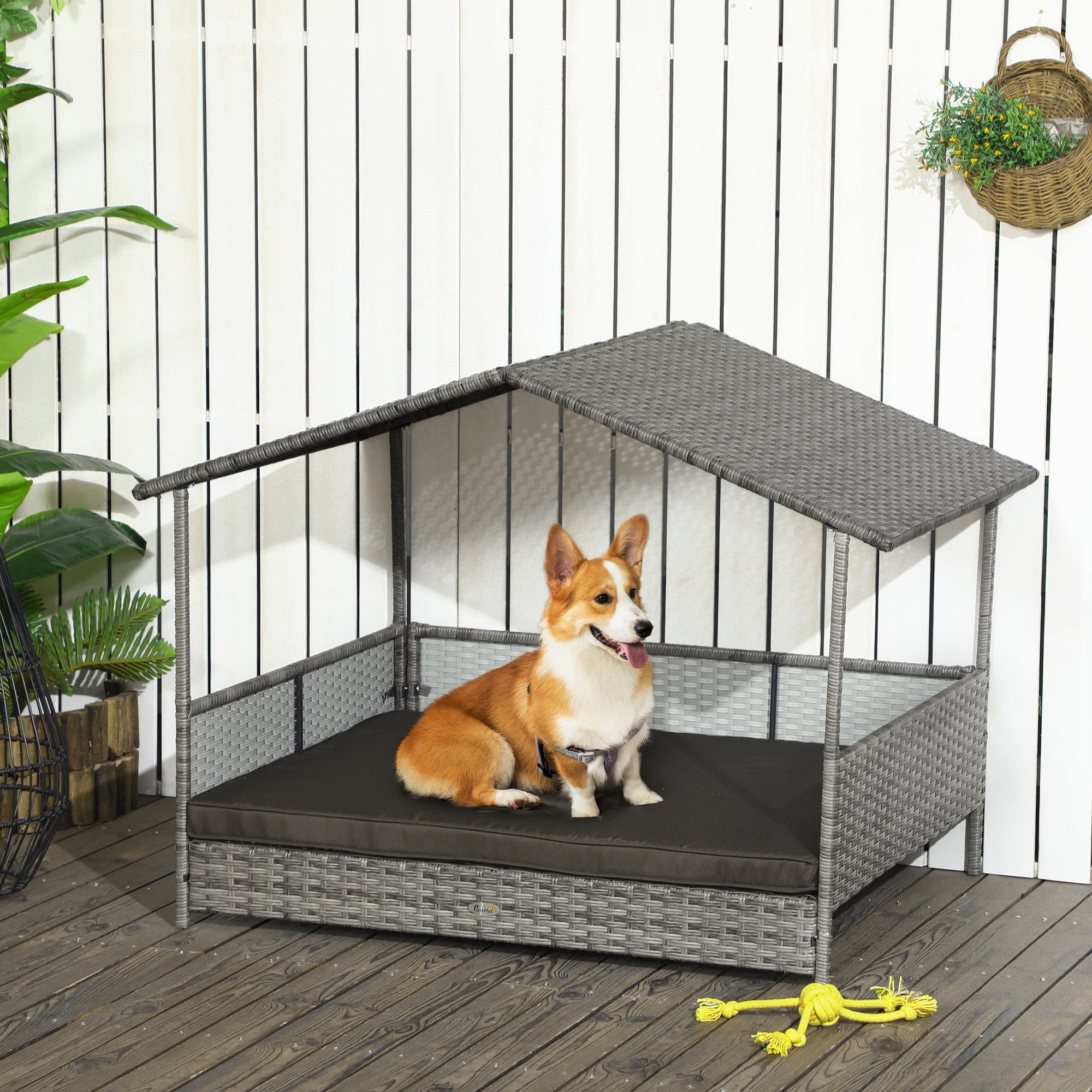 Outdoor Dog Bed with Canopy, Rattan Dog Bed with Soft Cushion Removable Cover for Medium and Large Dogs, Charcoal Gray - Charcoal Gray - Image 2