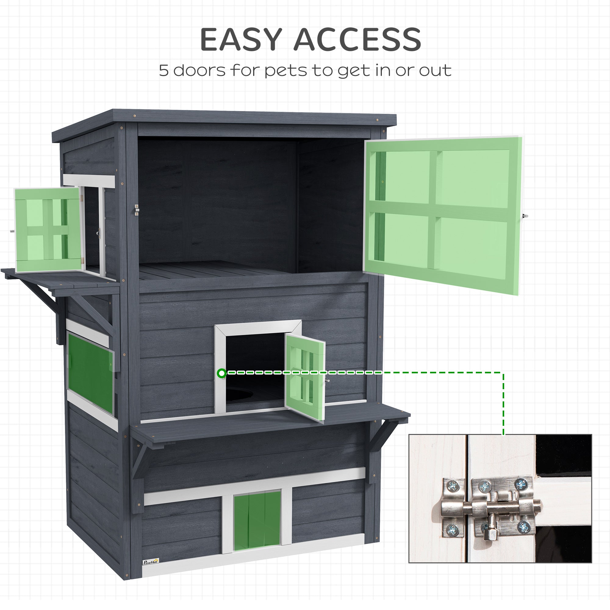 Cat House, Outdoor 3-Tier Kitty Shelter, Weather Resistant, w/ Escape Door - Dark Gray - Image 6