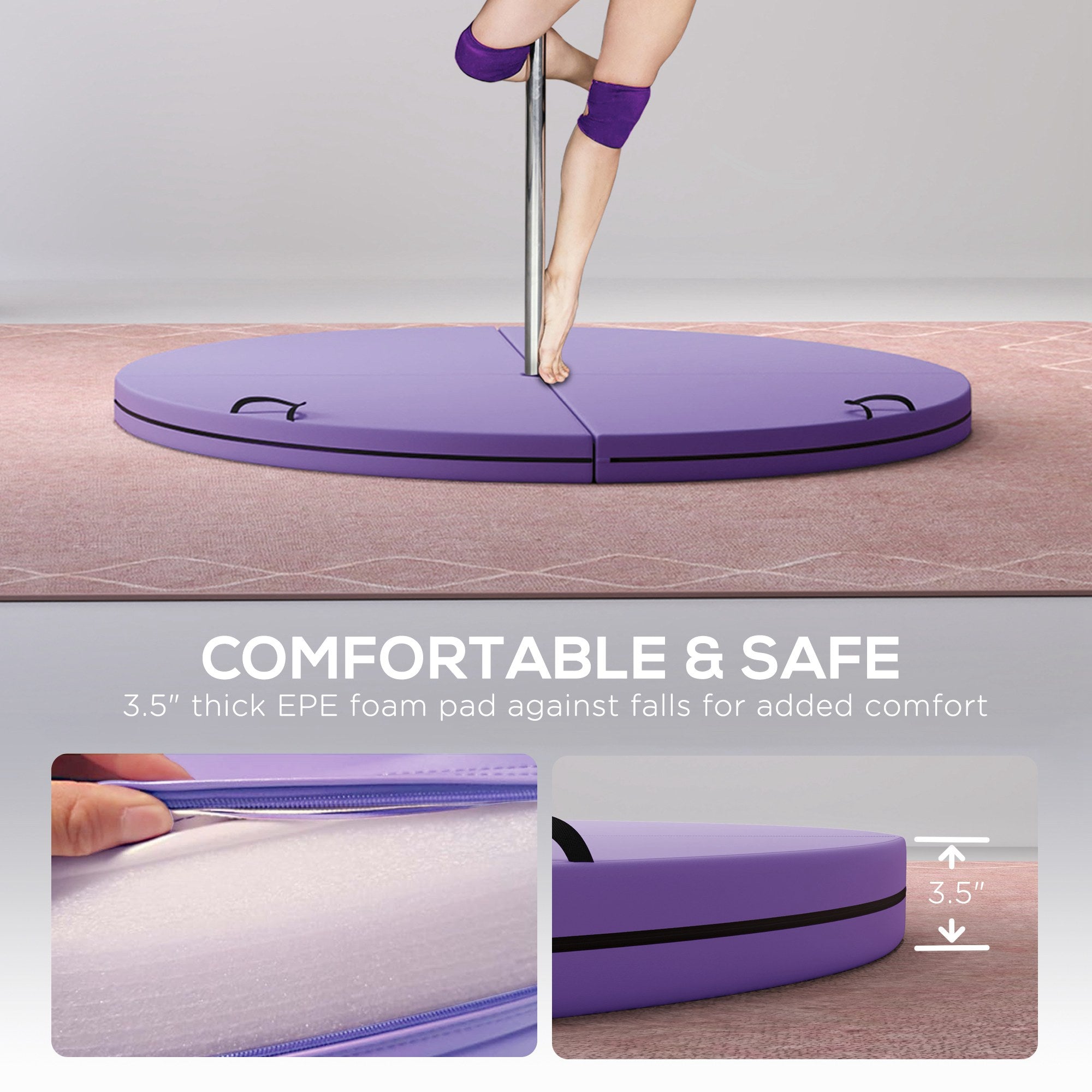 Foldable Crash Mat, Pole Padding with Carrying Handles and EPE Foam for Dance Training and Exercise, Purple
