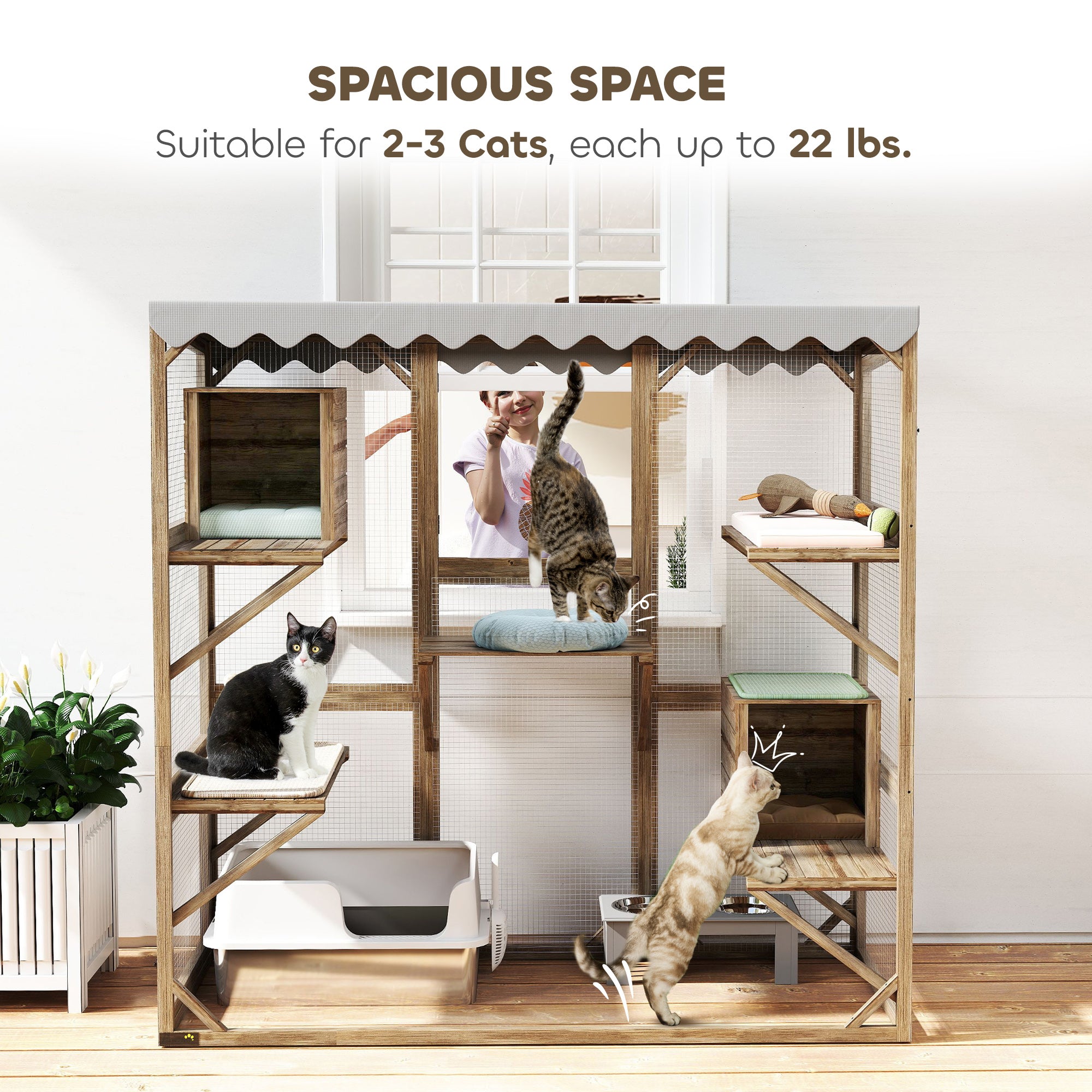 Outdoor Cat Enclosure with Window Access, 5 Platforms and 2 Resting Boxes, Waterproof Roof for Multiple Cats, Brown - Brown - Image 7
