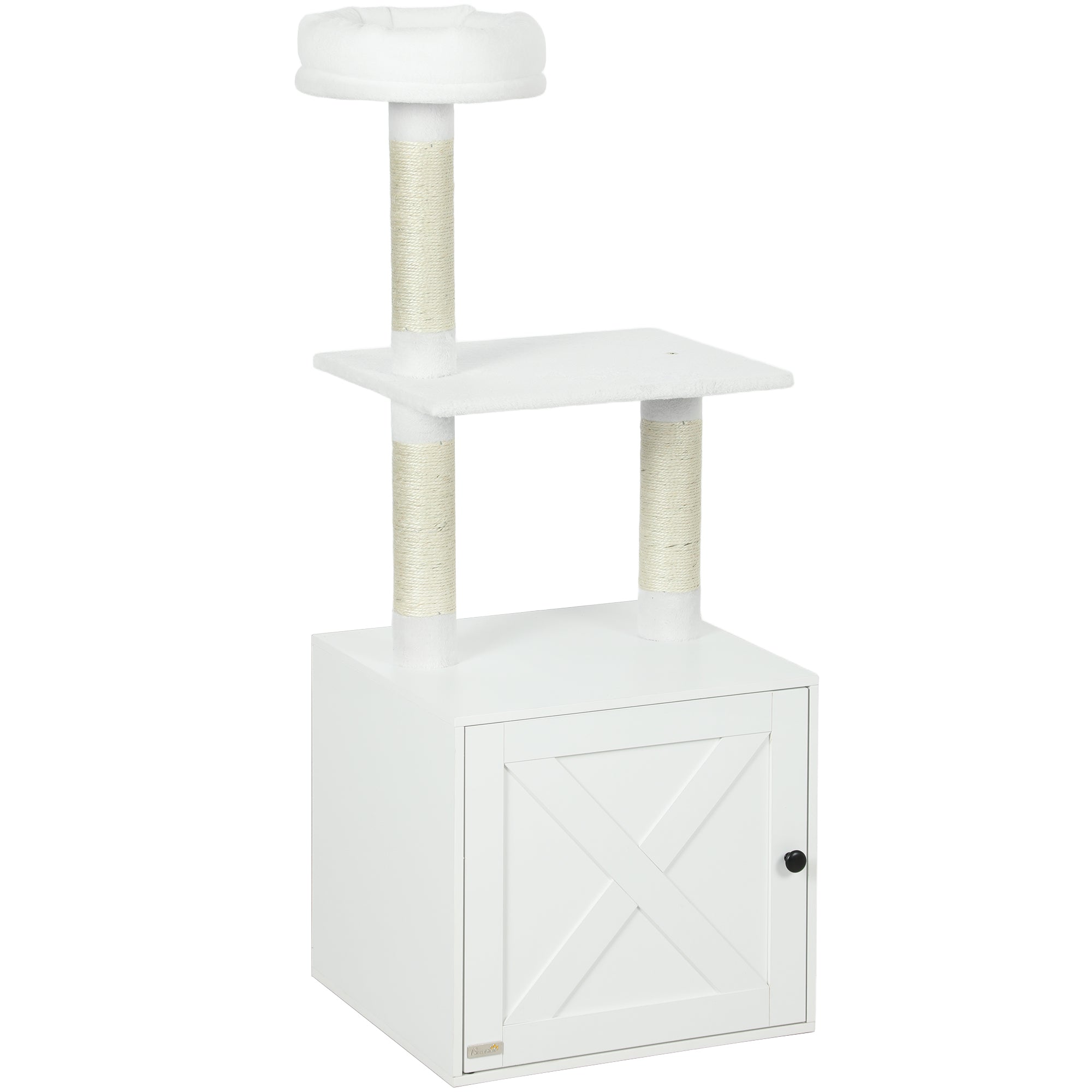 Cat Tree with Litter Box Enclosure, Scratching Posts, Bed, Climbing Platforms for Indoor Cats, White - White