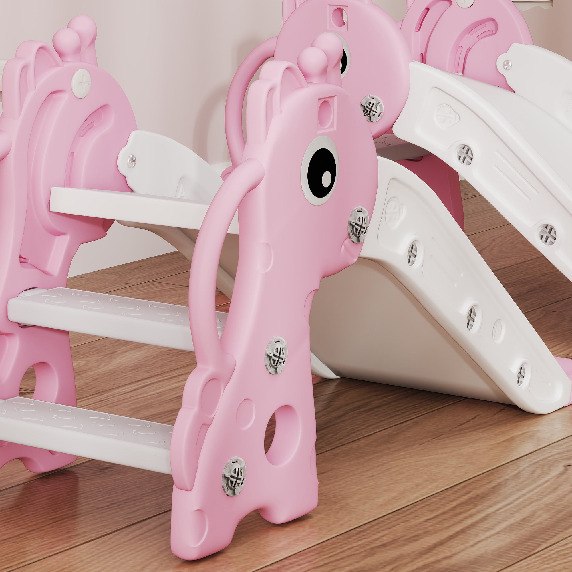 3-in-1 Toddler Slide for Age 1-3, Freestanding Kids Slide with Climber, Basketball Hoop and Ball, Giraffe Design, Pink