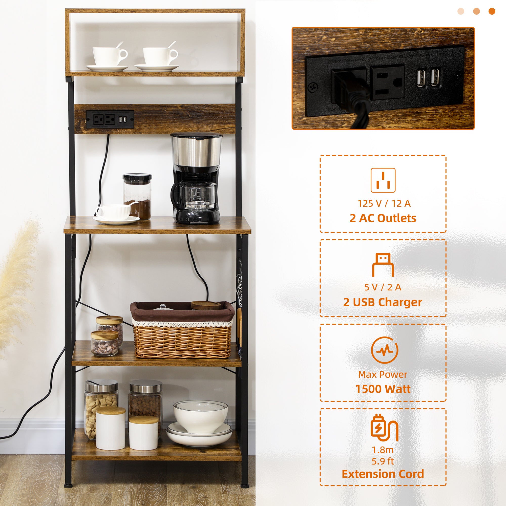 Kitchen Bakers Rack with Power Outlet, USB Charger, Microwave Stand, Coffee Bar with Adjustable Shelves, 5 Hooks for Spices, Pots and Pans, Rustic Brown