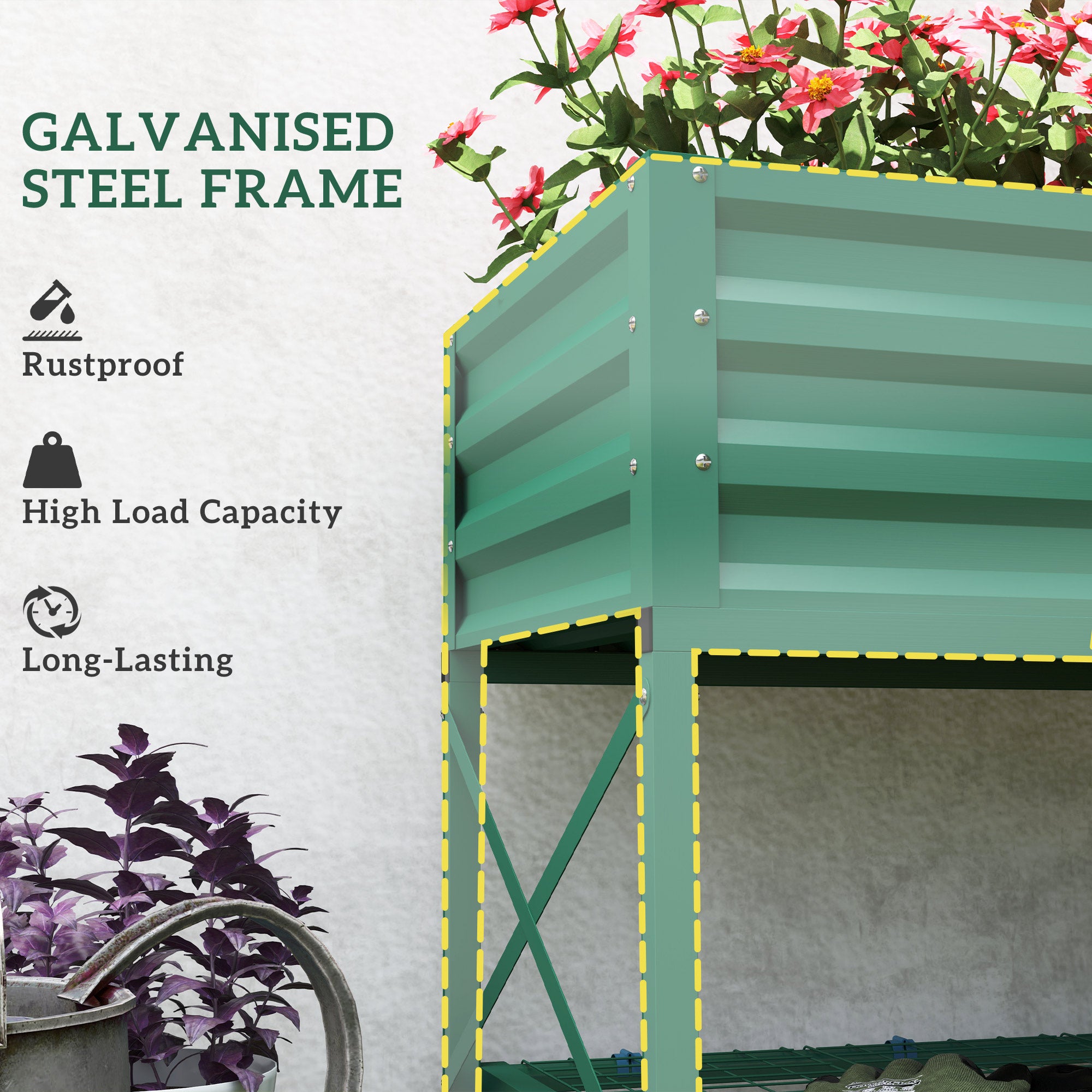 Galvanized Raised Garden Bed, Metal Planter Box with Legs, Storage Shelf and Bed Liner, Green - Green - Image 6