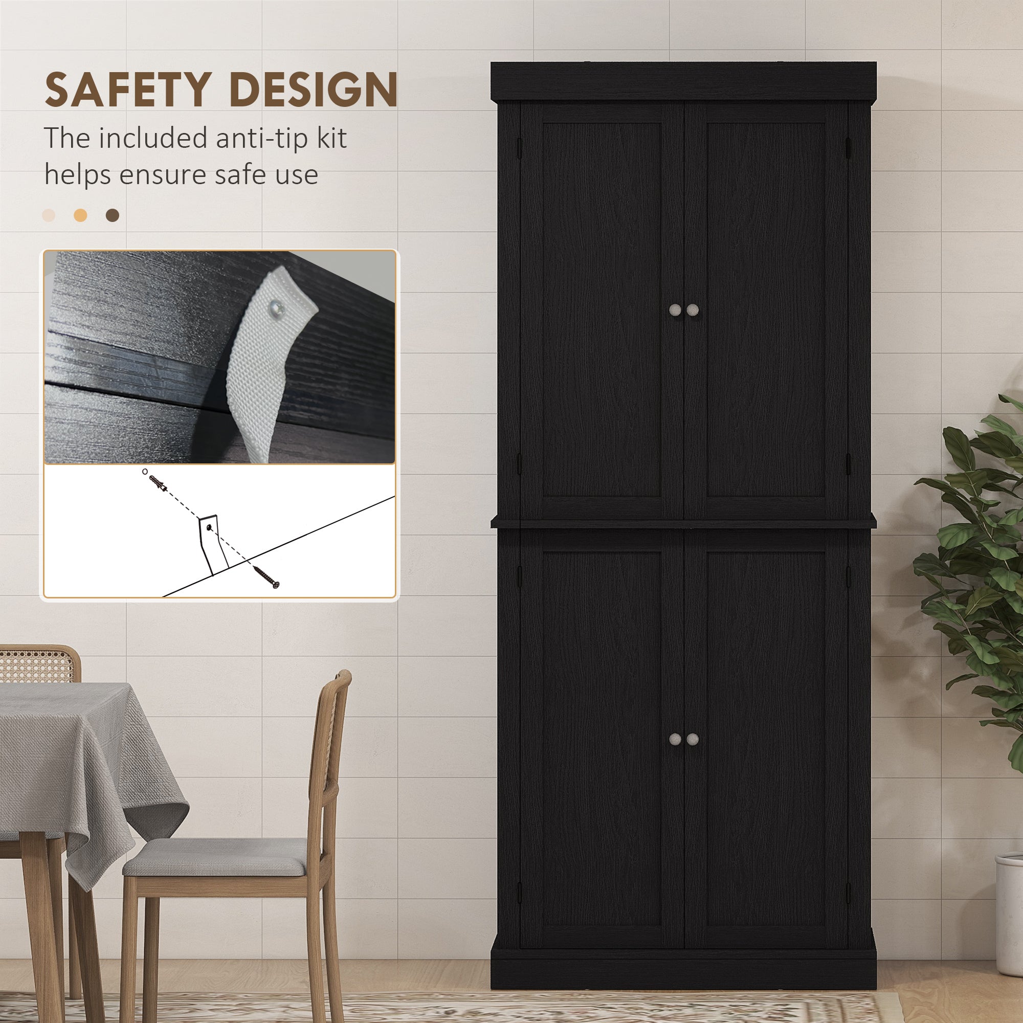 72" Kitchen Cabinet, Pantry Storage Cabinet with Doors and Shelves, Freestanding Food Pantry Cabinet, Black Wood Grain
