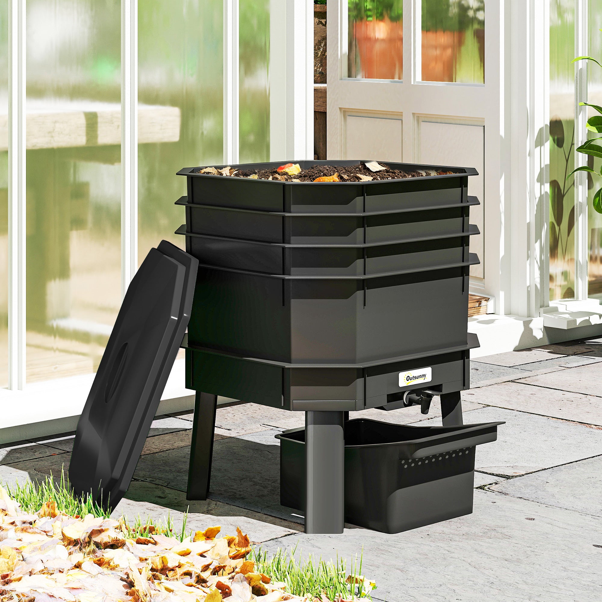 4-Tray Worm Composter Bin, 7.4 Gal Outdoor & Indoor Worm Composter for Recycling Food Waste, Black - Black - Image 2