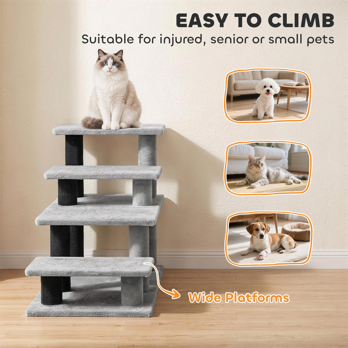Pet Stairs, Cat Stairs with 2/3/4-Step Flexible Setup for Bed, Sofa, Gray