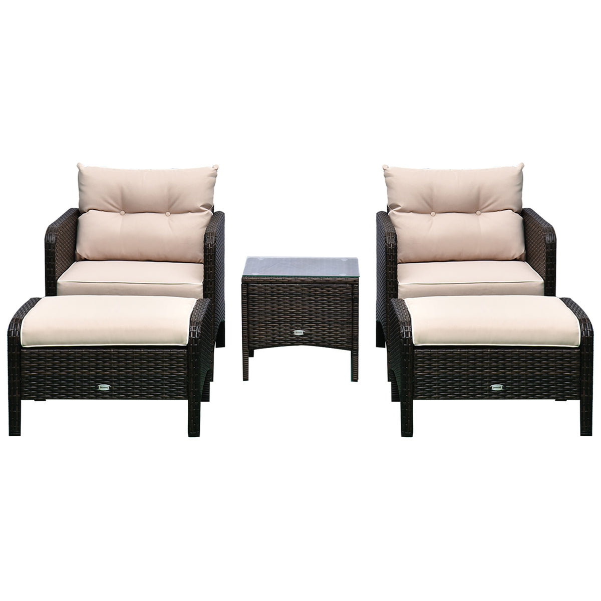 5 Pieces Rattan Wicker Lounge Chair Outdoor Patio Conversation Set with 2 Cushioned Chairs, 2 Ottomans and Tempered Glass Top Coffee Table