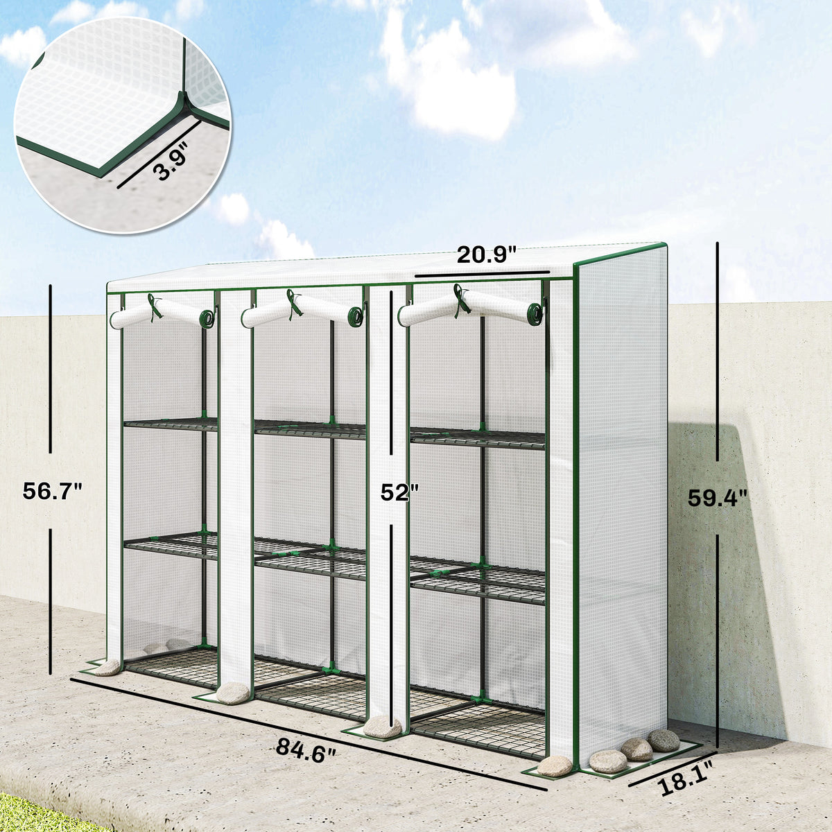 84.6" x 18.1" x 56.7" Lean-to Mini Greenhouse, 3-Tier Shelves, 3 Roll-Up Doors, PE Cover, White