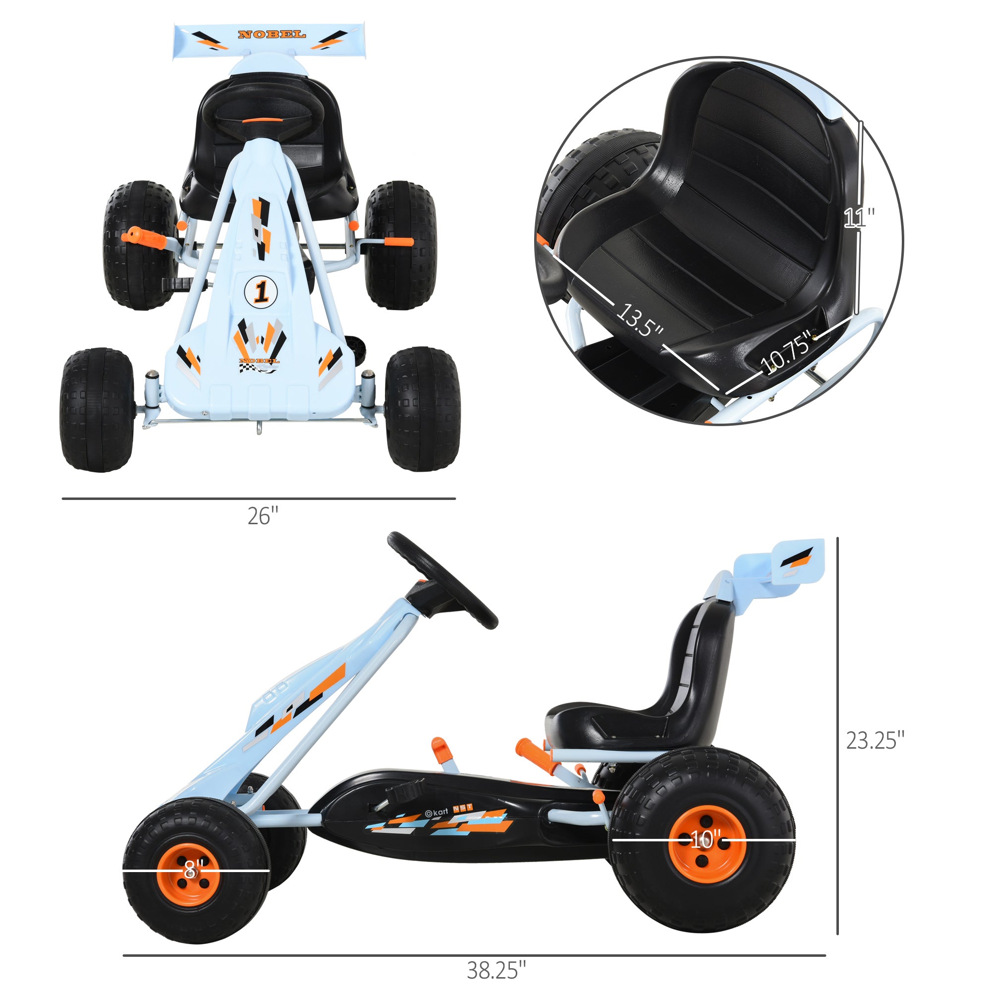 Pedal Go Kart Children Ride on Car Cute Style with Adjustable Seat, Plastic Wheels, Handbrake and Shift Lever, Light Blue