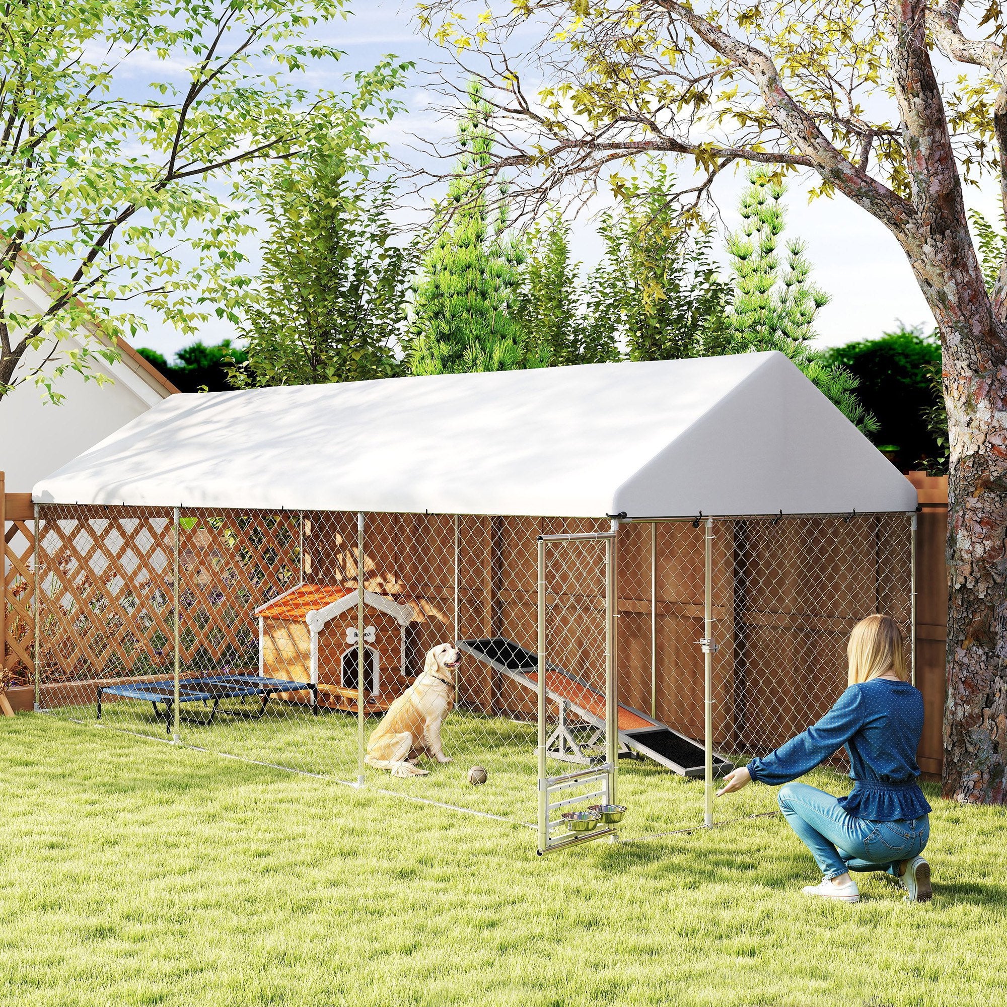 Outdoor Dog Kennel w/ Adjustable & Rotatable Bowl Rack, Waterproof UV-Resistant Cover, Secure Lock, 19.7' x 7.5' x 7.5' - Silver - Image 2