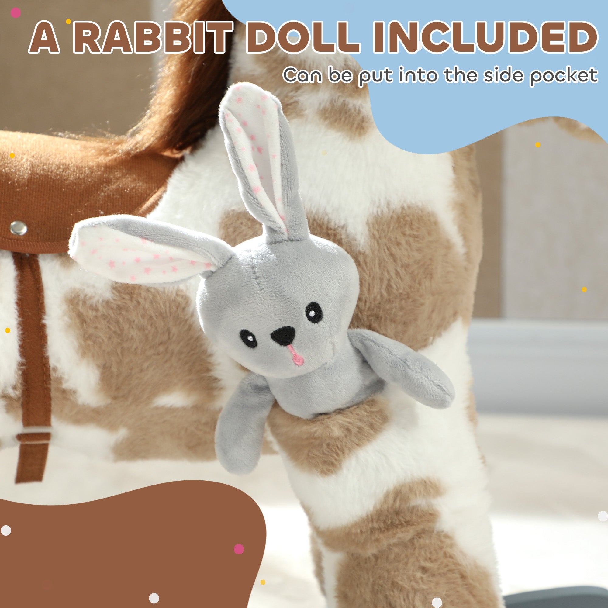 Rocking Horse, Kids Plush Horse Rocker with Rabbit Toy and Realistic Neigh for Toddlers 2–5 Years Old, Brown