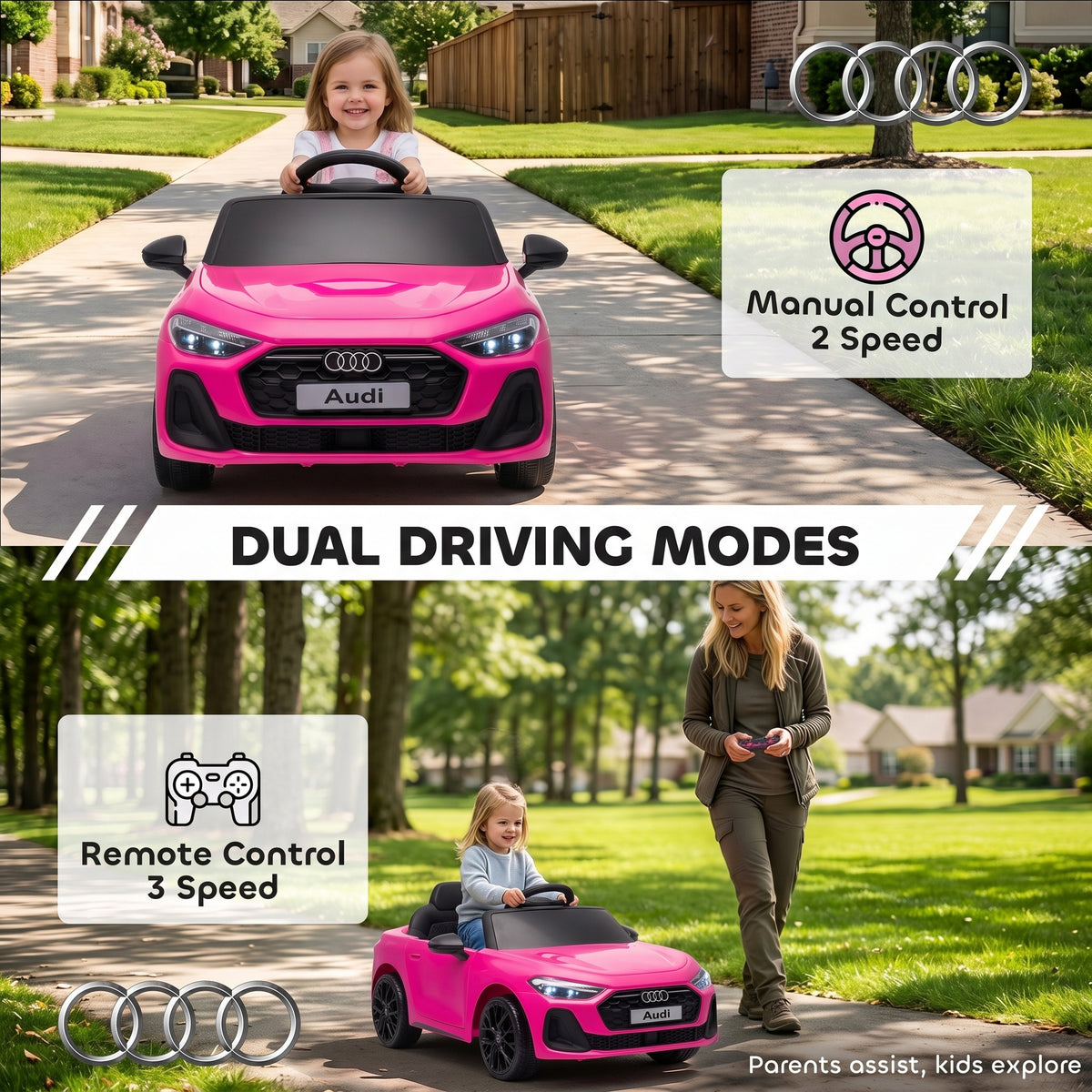 Audi A5L Licensed Electric Ride on Car for Kids 3-6 with Remote Control Dual Motors 4-Wheel Suspension Music, Pink
