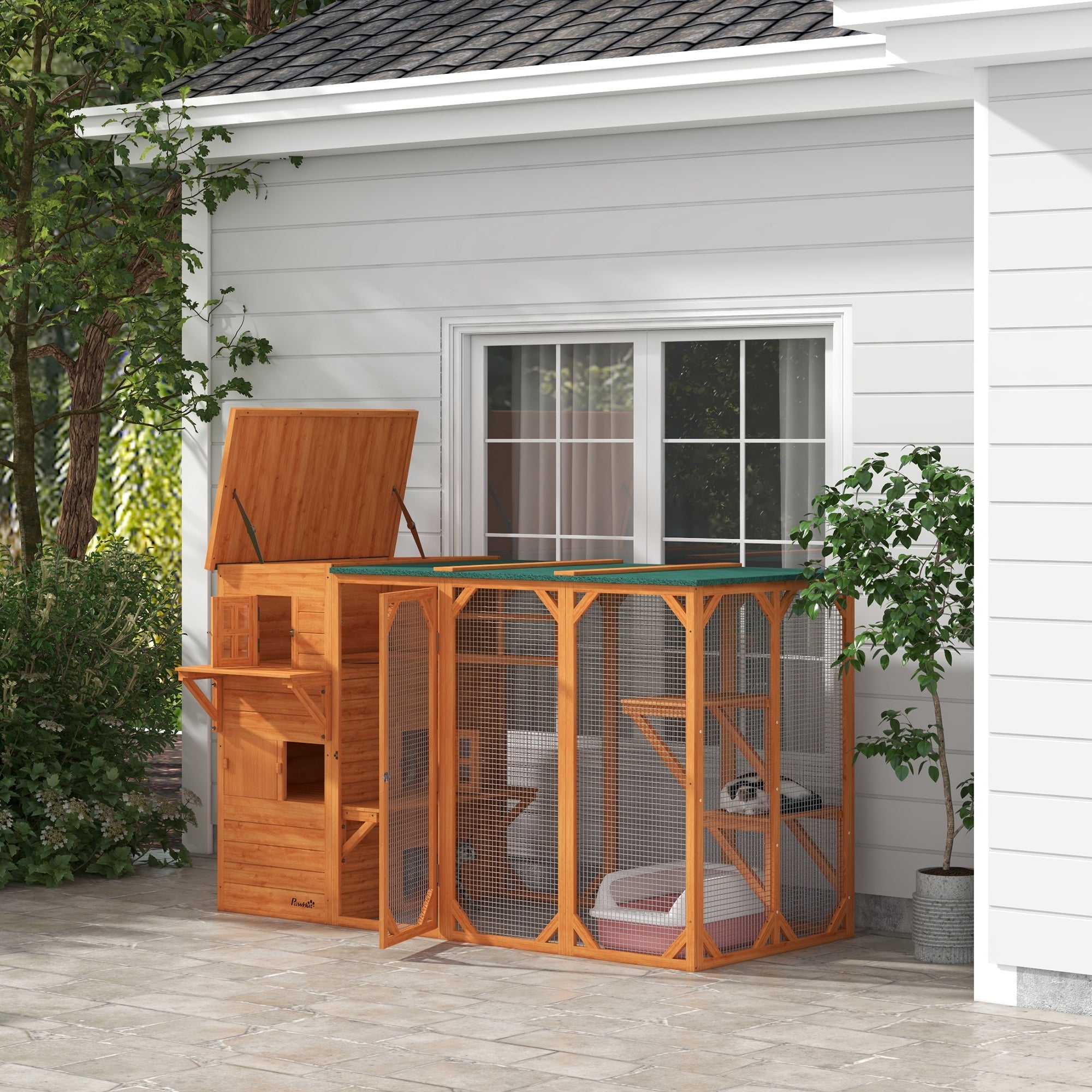 Large Outdoor Cat House for 3 Kitties, Multi-Level Design with Big Hiding Areas 2 Stories & Multiple Platforms Cat Condo - Orange - Image 2