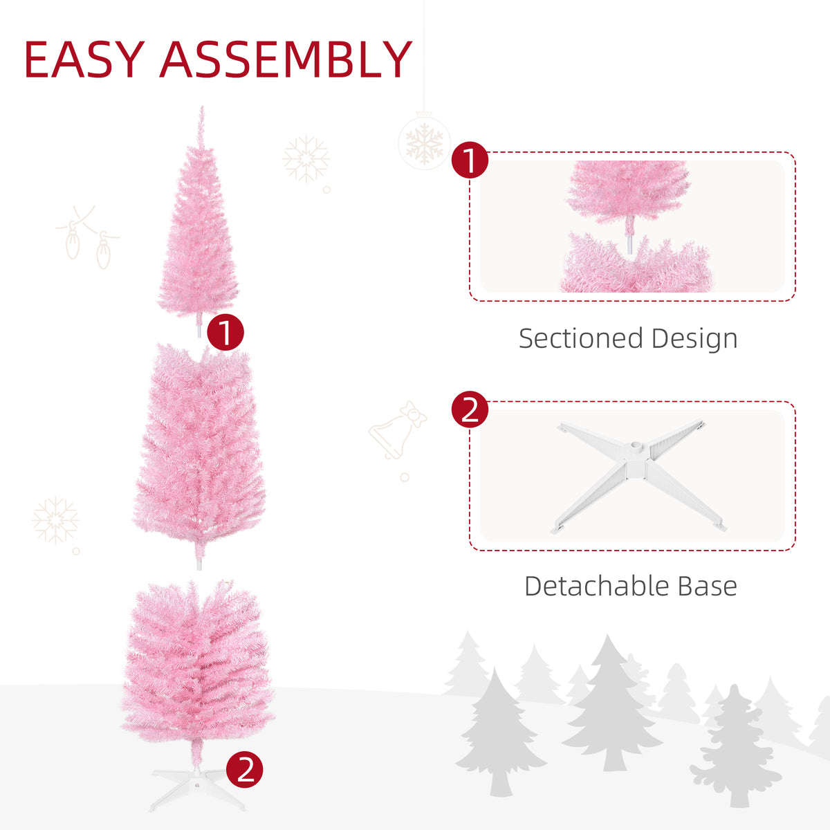 7ft Unlit Pencil Artificial Christmas Tree with Realistic Branches and 499 Tips, Plastic Base, Pink