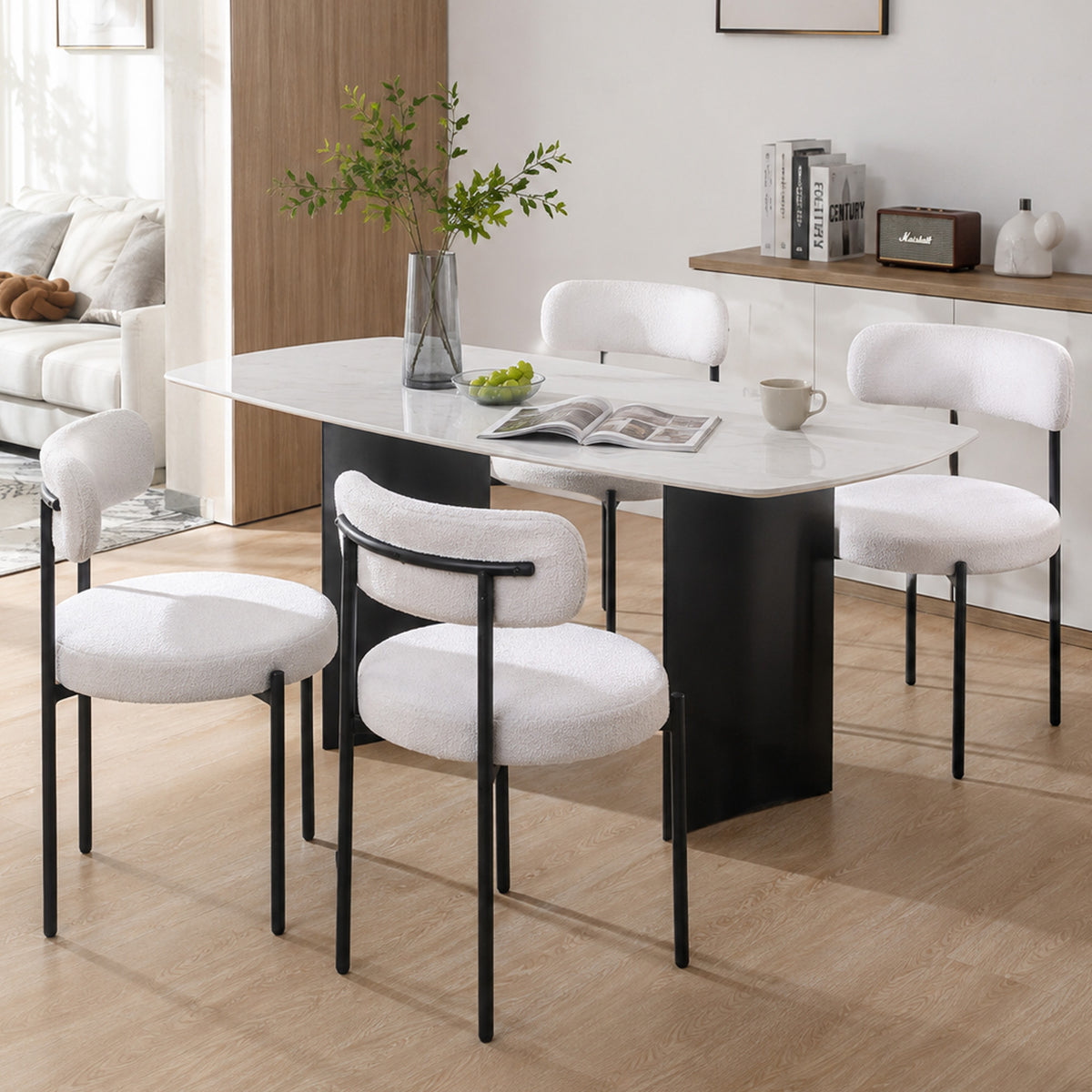 Round Modern Upholstered Kitchen Chairs, Boucle Dining Chairs Set of 4 with Curved Backrest and Thick Cushion, White