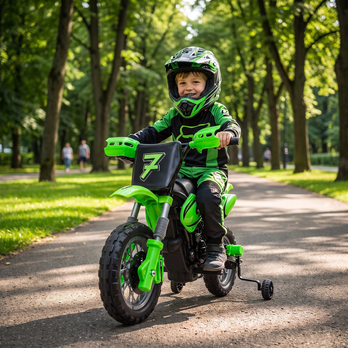 12V Kids Motorcycle, 2 x 35W Electric Dirt Bike with Training Wheels, Rear Suspension, Horn for 3-6 Years, Green