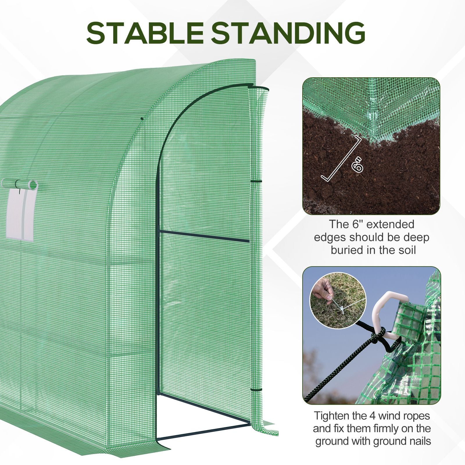 7' x 3' x 7' Lean to Greenhouse, Walk-In Green House, Plant Nursery with 2 Roll-up Doors and Windows, PE Cover and 3 Wire Shelves, Green - Green - Image 4