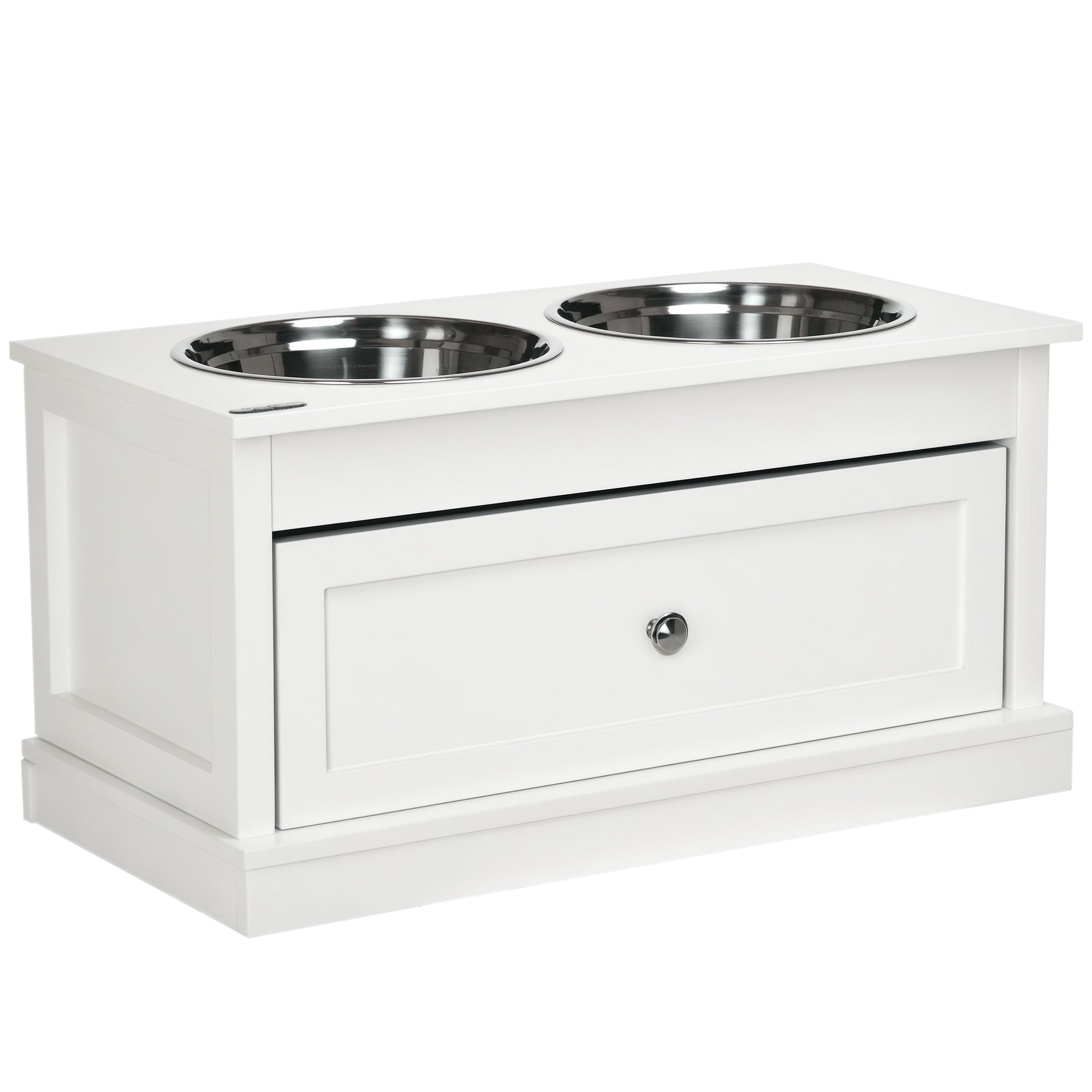 Large Elevated Dog Bowls with Storage Drawer Containing 11L Capacity, Raised Dog Bowl Stand Pet Food Bowl Dog Feeding Station, White
