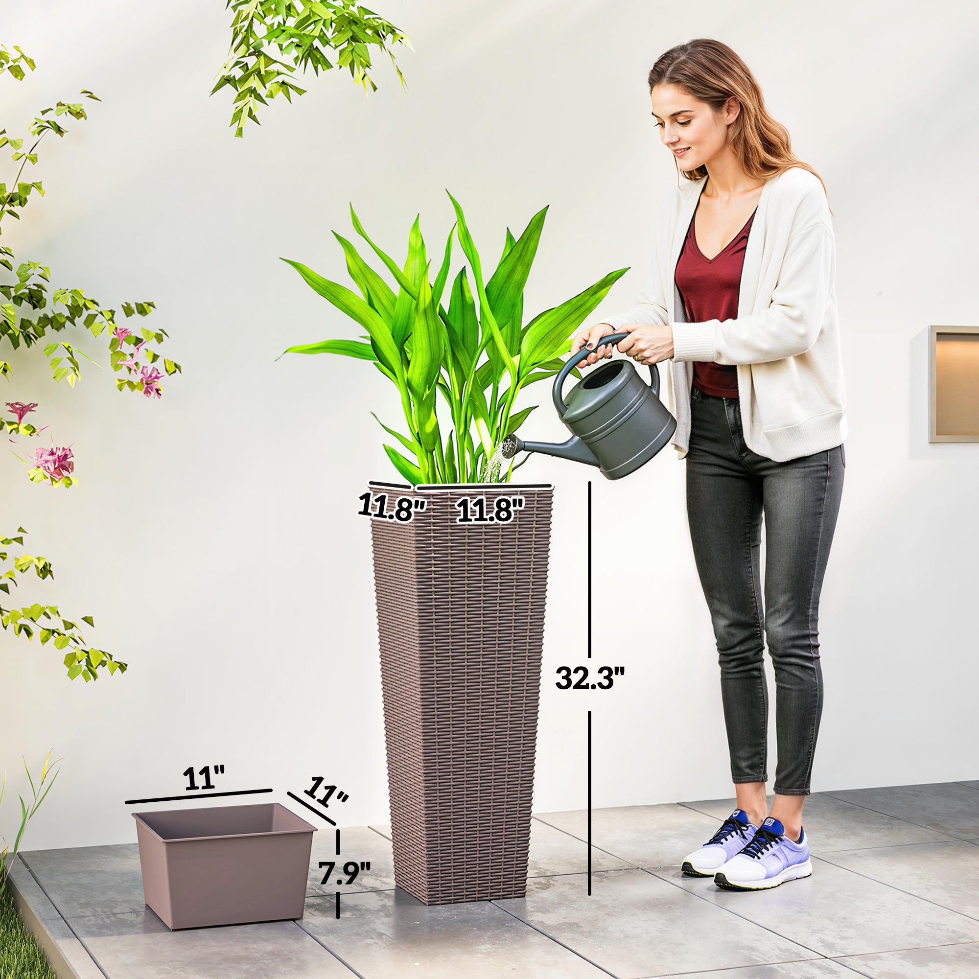 32 Inch Tall Planters for Outdoor Plants, Set of 2 Plastic Flower Pots with Drainage Holes, Brown - Brown - Image 3