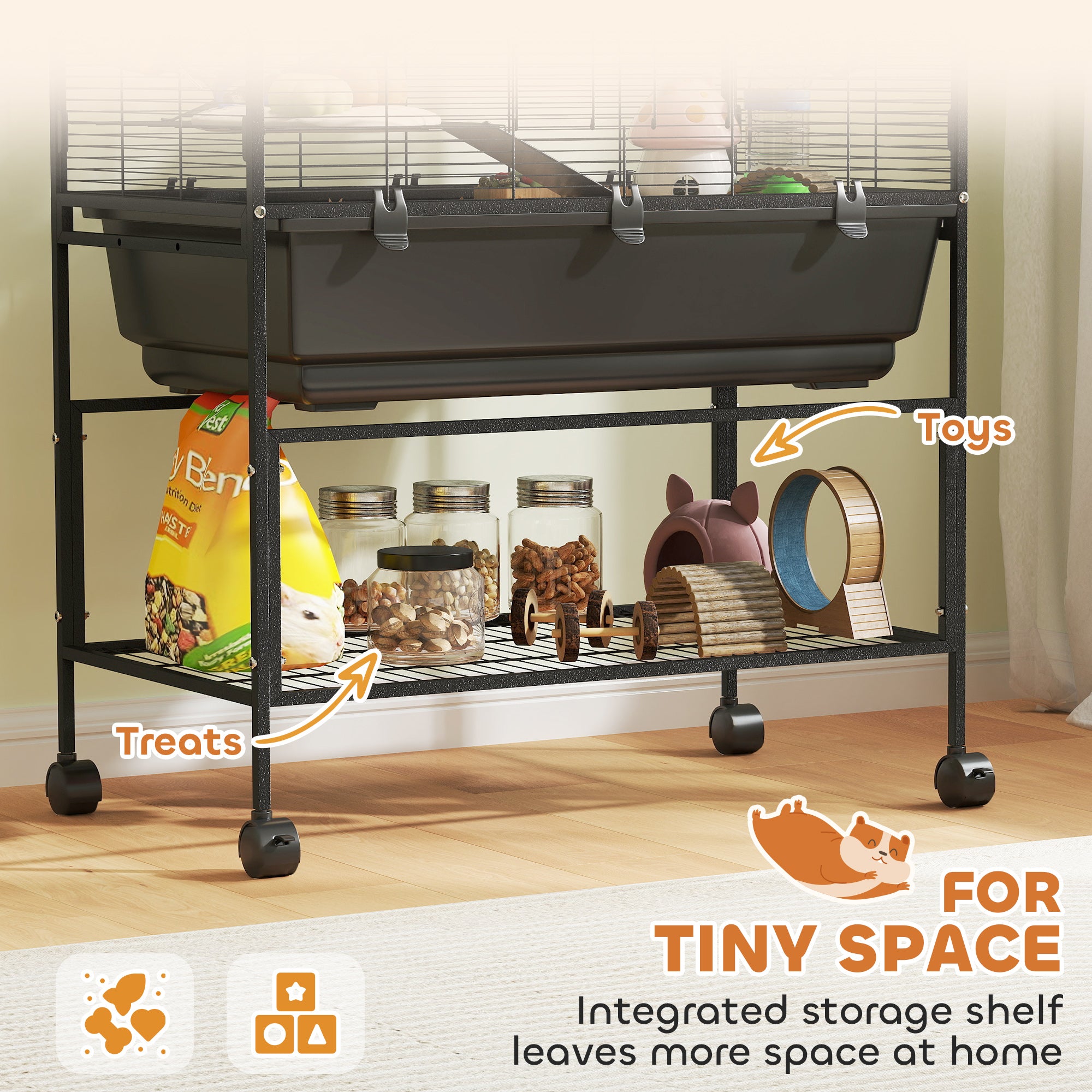 3 Tier Hamster Cage, Rolling Rat Cage with Deep Tray, Storage Shelf, Big Exercise Wheel, Hut, Tube System - Black - Image 7